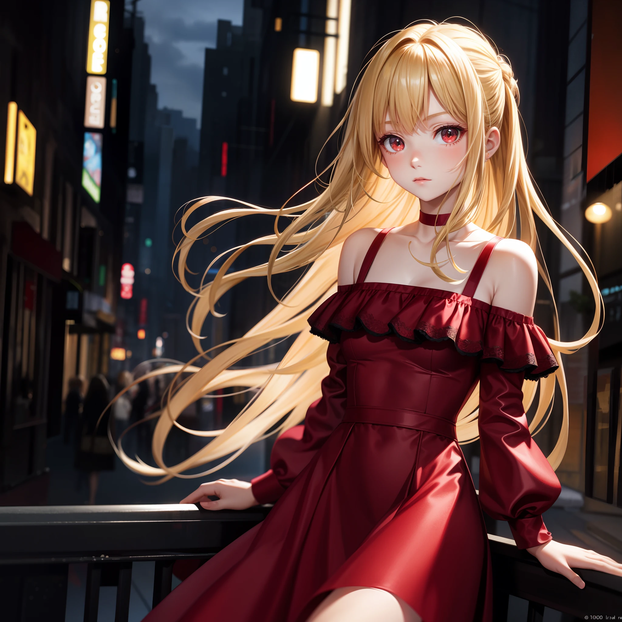 blonde, red eyes, girl, alone, solo, 1girl, off-shoulder, dress,