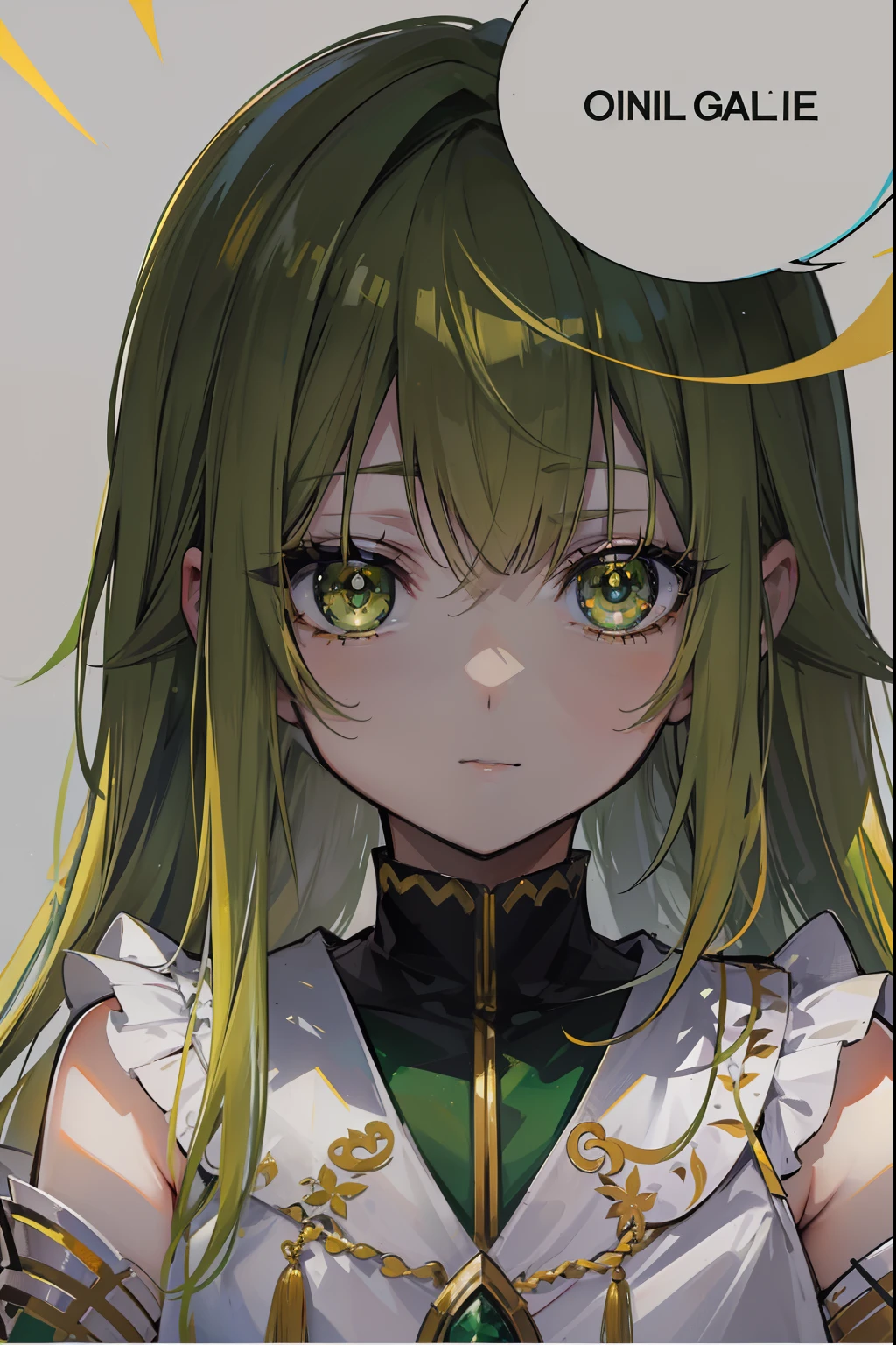 Greenish-yellow hair,Yellow-green pupils,White clothes with green and yellow are embellished with gold and silver ornaments,She is a natural cute girl