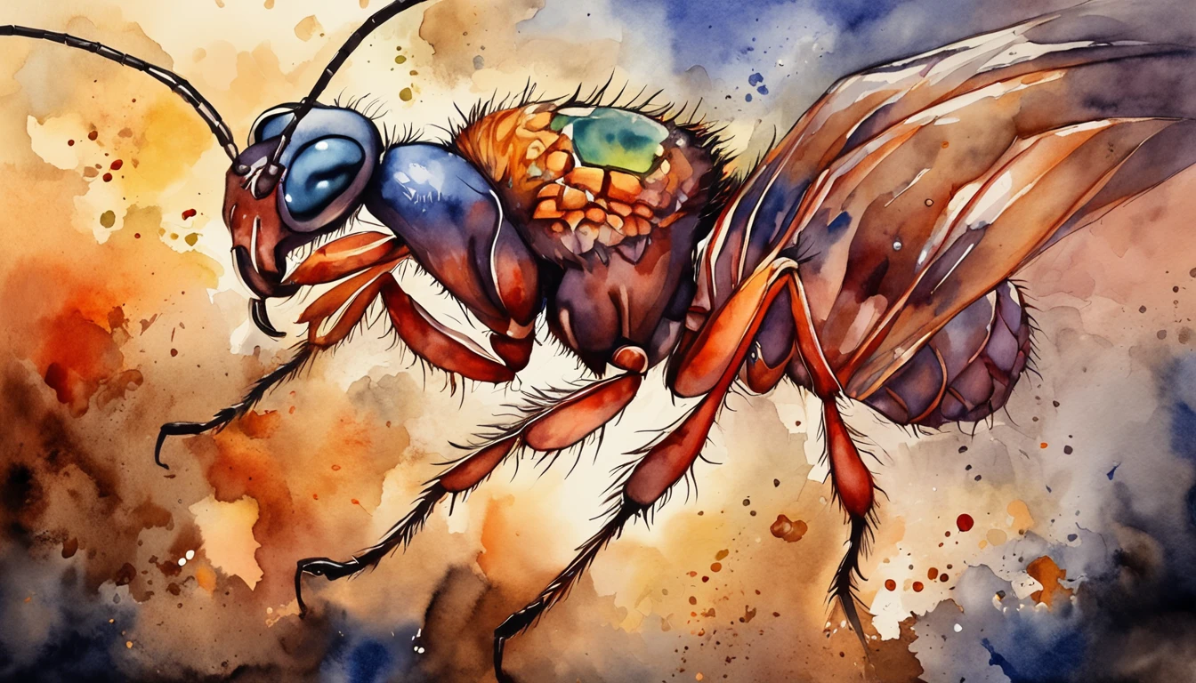 Masterpiece, Majestic ant close-up,Fit and fit,The surging gaze focused on the screen,Red tone,Highest quality view, Dramatic lighting, Intricate details, Sharp focus, 16k, ADVNTR, Professional illustration, Fluorescent flowers, (Hanging glowing crystals), vines, Illuminated background mountains, (wizard tower:0.8), fantasy, Lightning, (Night:1.2), (Full view)