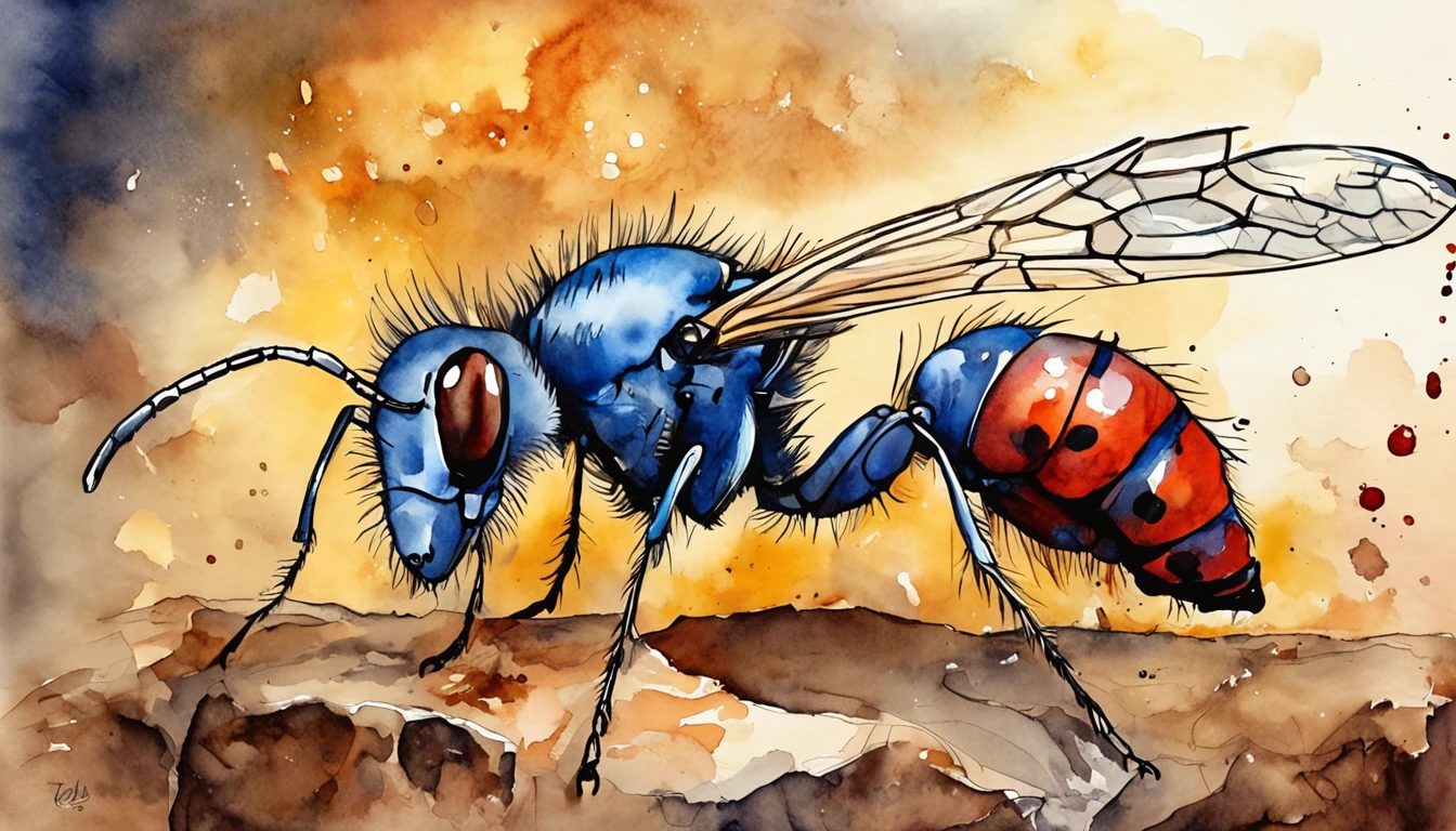 Masterpiece, Majestic ant close-up，Fit and fit，The surging gaze focused on the screen，Red tone，Highest quality view, Dramatic lighting, Intricate details, Sharp focus, 16k, ADVNTR, Professional illustration, Fluorescent flowers, (Hanging glowing crystals), vines, Illuminated background mountains, (wizard tower:0.8), fantasy, Lightning, (Night:1.2), (Full view)
