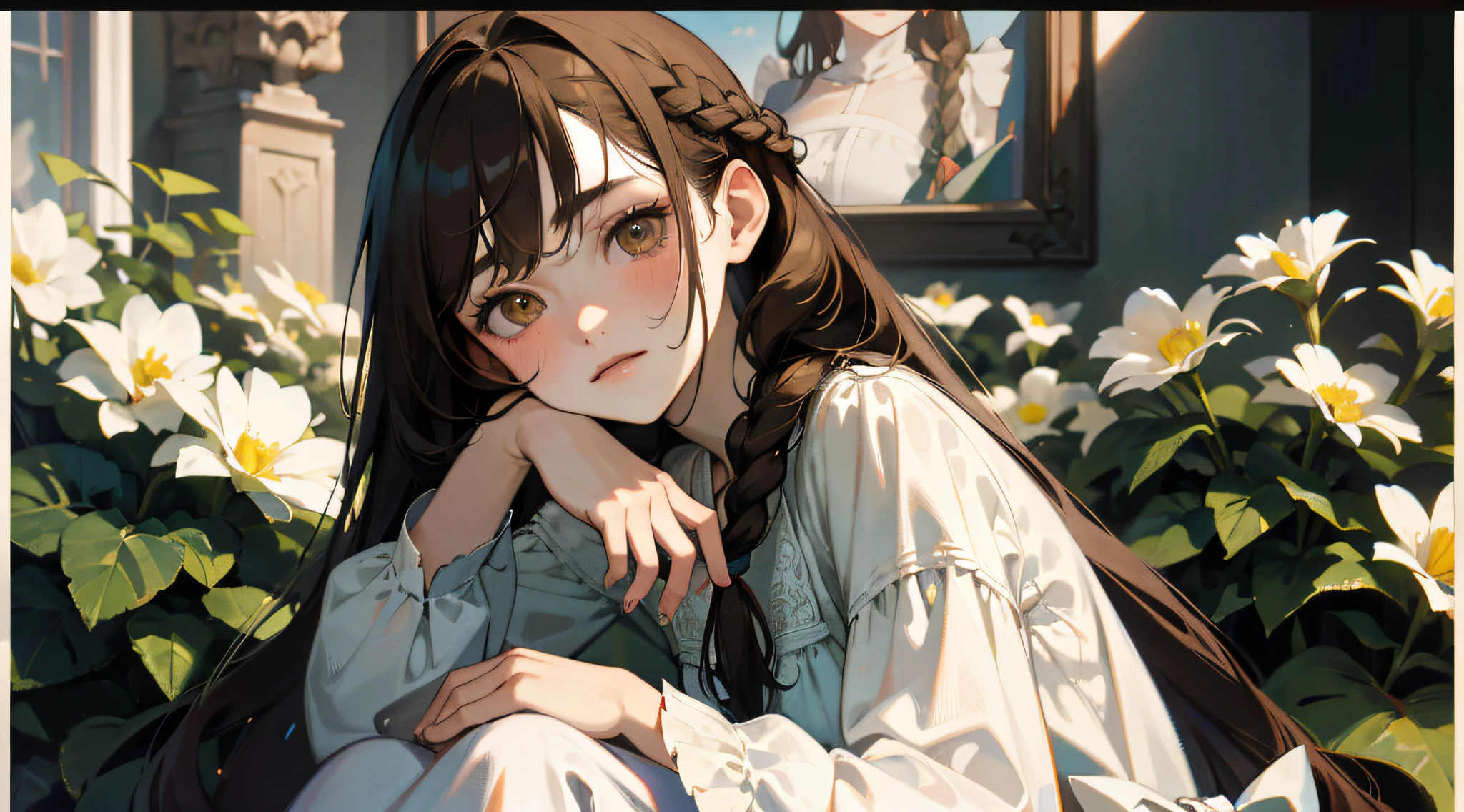 1 woman, (masterpiece, best quality:1.2), 8k, official art, absurdres, HDR, facelight, ultra realistic, highres, photography, film grain, chromatic aberration, sharp focus, dynamic lighting, cinematic lighting, professional shadow, dark shadow, highest detailed, extreme detailed, ultra detailed, finely detail, real skin, delicate facial features, detailed face and eyes, sitting in a garden setting, flowers, wearing nightgown, brown hair, very long hair, waist length hair, braid on left side, golden eyes, long shot, not looking at the viewer