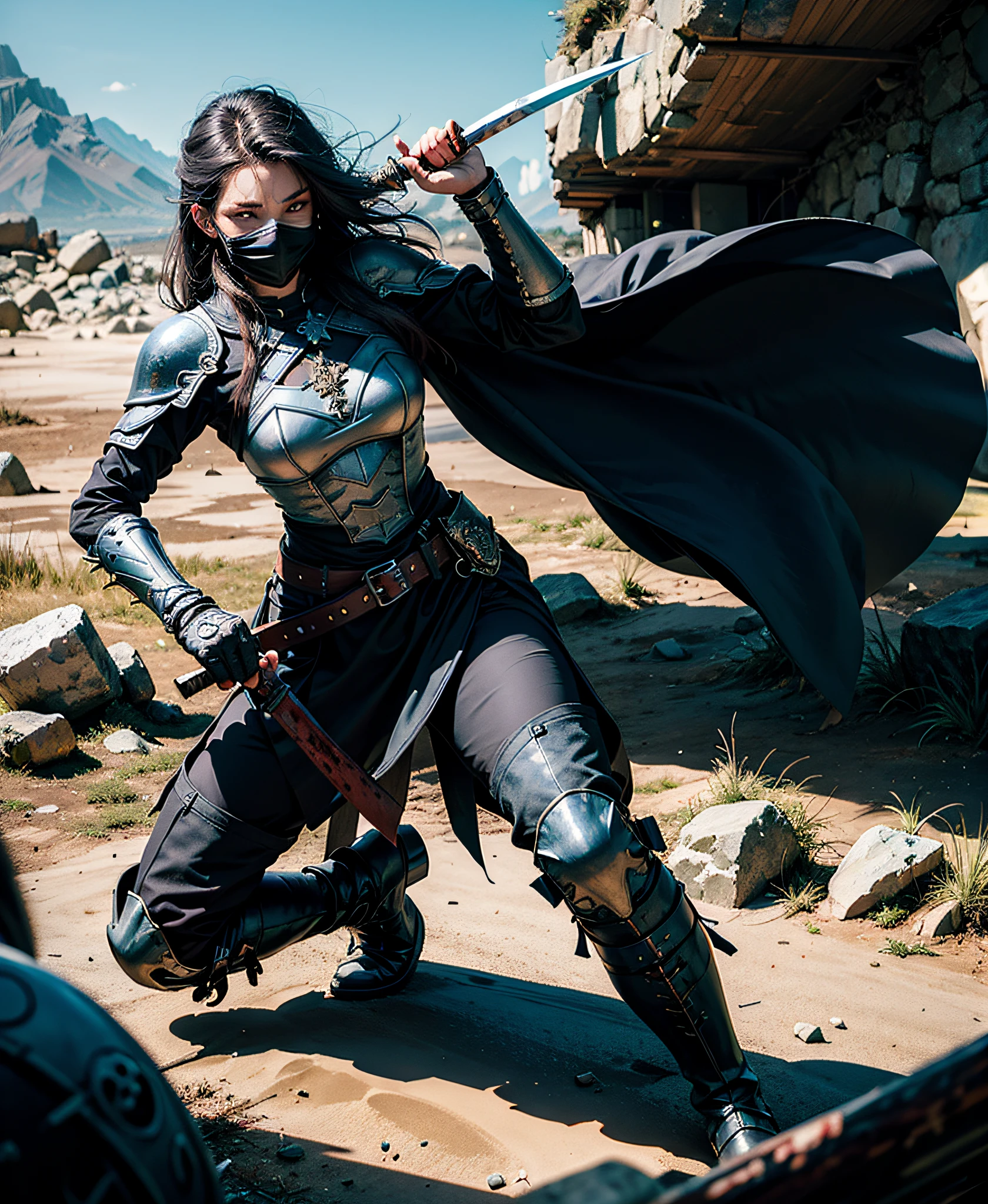 warrioress，Bones all over the ground，Left-handed spear，Long sword in the right hand，full bodyesbian，black toga，black long pants，black long boots，Cartoony，Stained with blood，Corpse mountain and sea of blood，Female！，cabelos preto e longos，black facemask