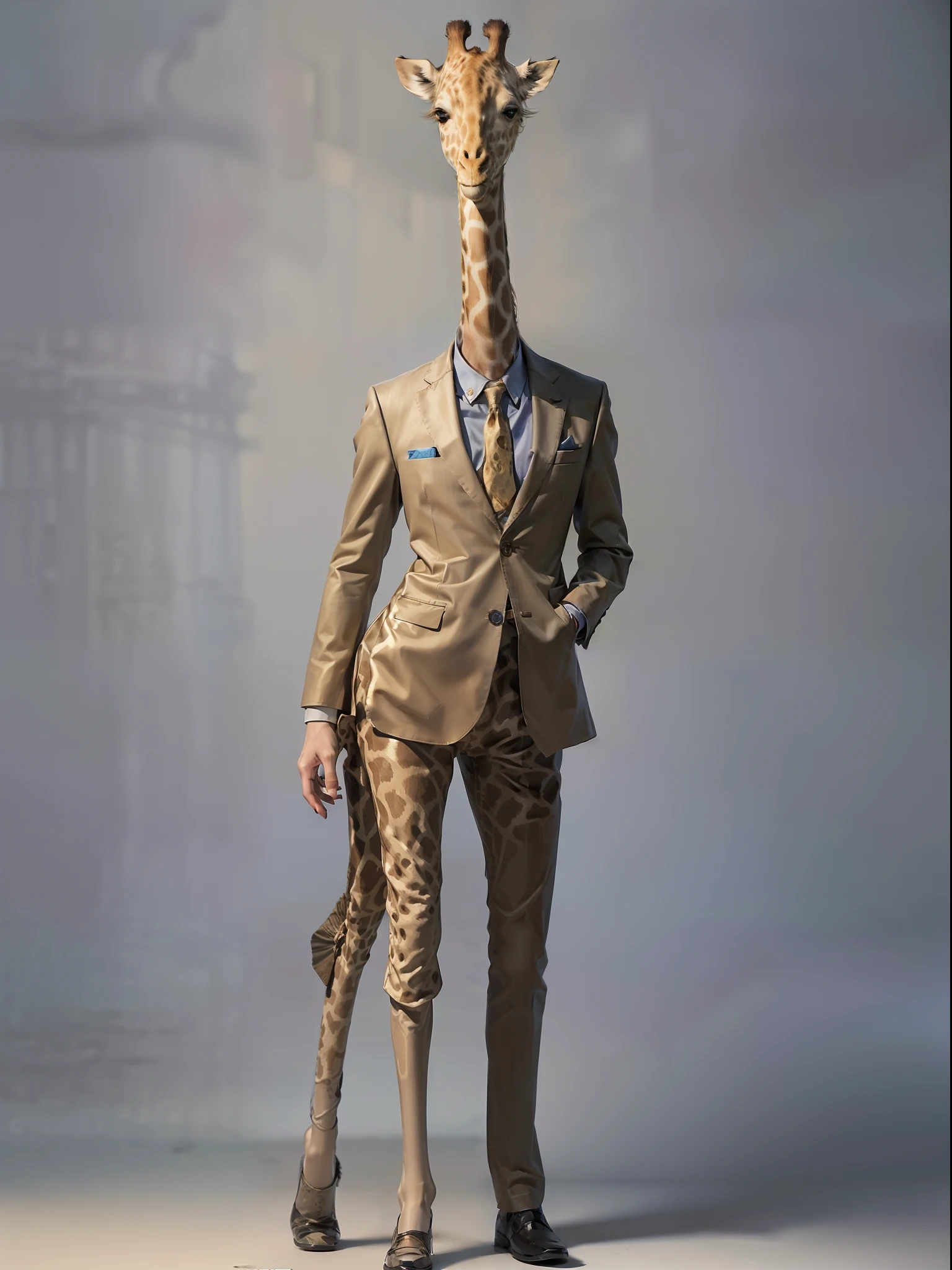 (((fullbody image、Standing posture)))、(Full-body giraffe standing upright in luxury business suit、Humanoid giraffe、Cool anthropomorphic giraffe with long legs)、masterpiece, top-quality, in 8K , intricate detailes, ultra-detailliert , light Particle、32K Digital Paint, Hyper-Realism, No background