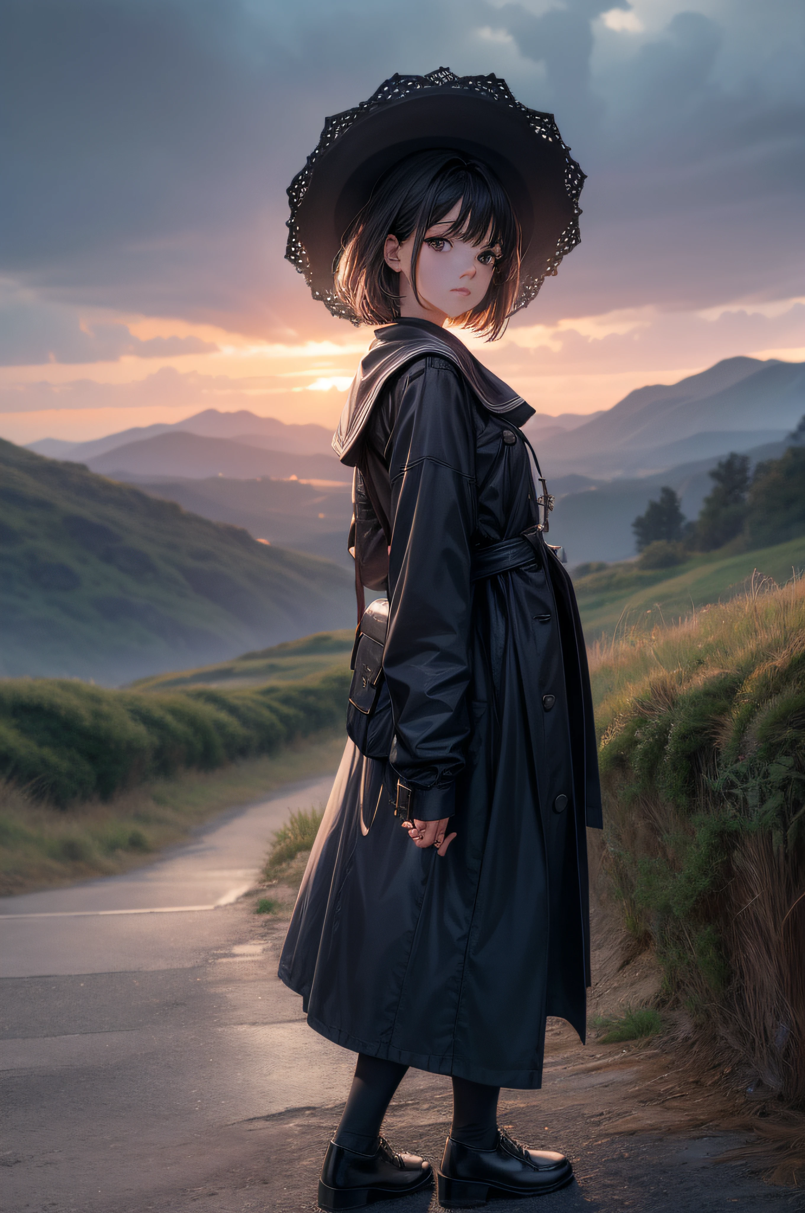 (maravilloso, detallado CG de la Edad Media), luz tenue, gloomy landscape, figura delgada, embarrassed expression.