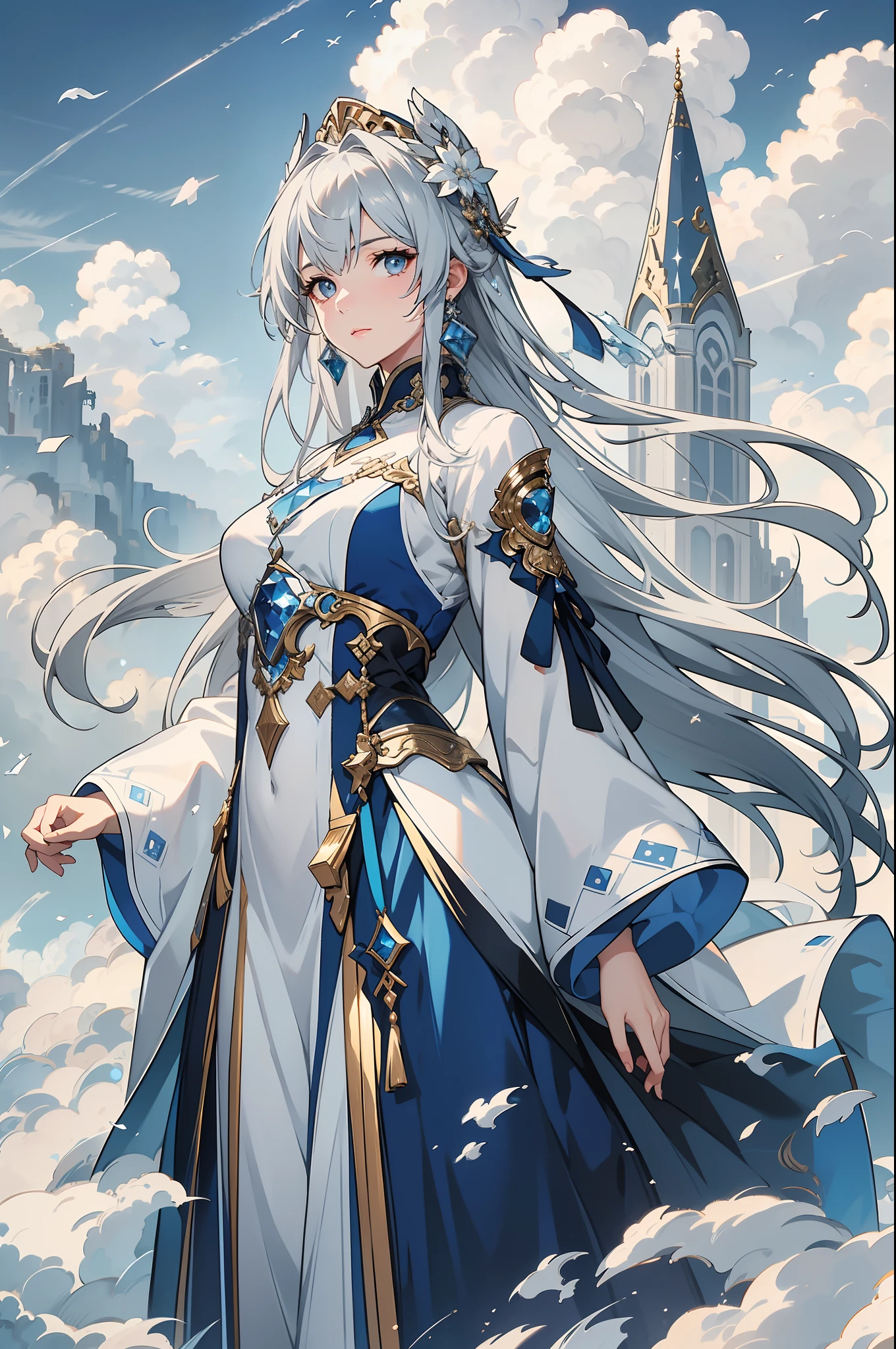 HD clarity, A superb CG masterpiece of female characters, Charming gray hair, Jewel-like sparkling eyes, Look straight into the camera, Clothing with a sense of design, (( White clouds and blue clouds: 2.0 ))。