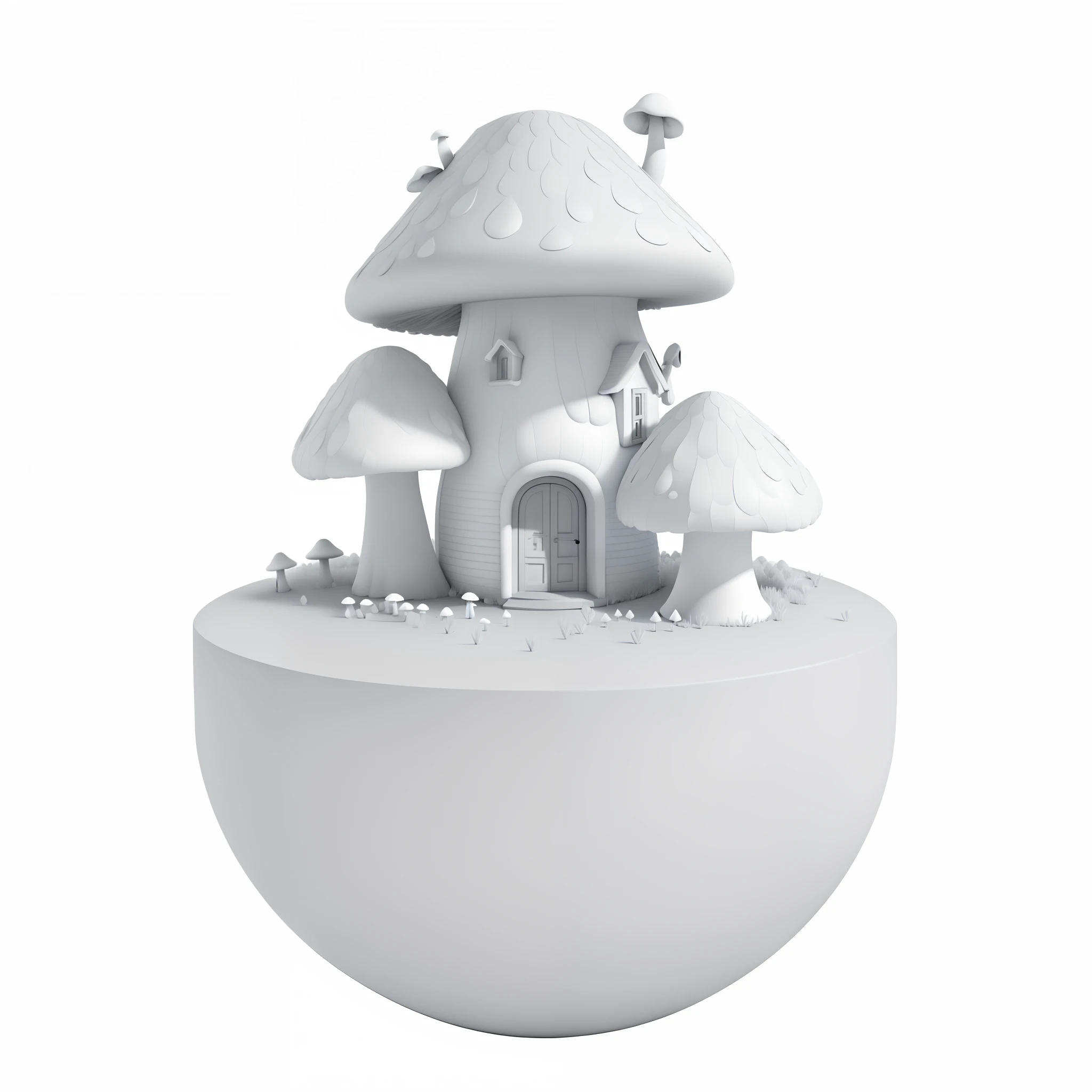 Mushroom house ambient occlusion rendering,Monochrome 3D model,Stylized to 3D rendering,ultra ambient occlusion。