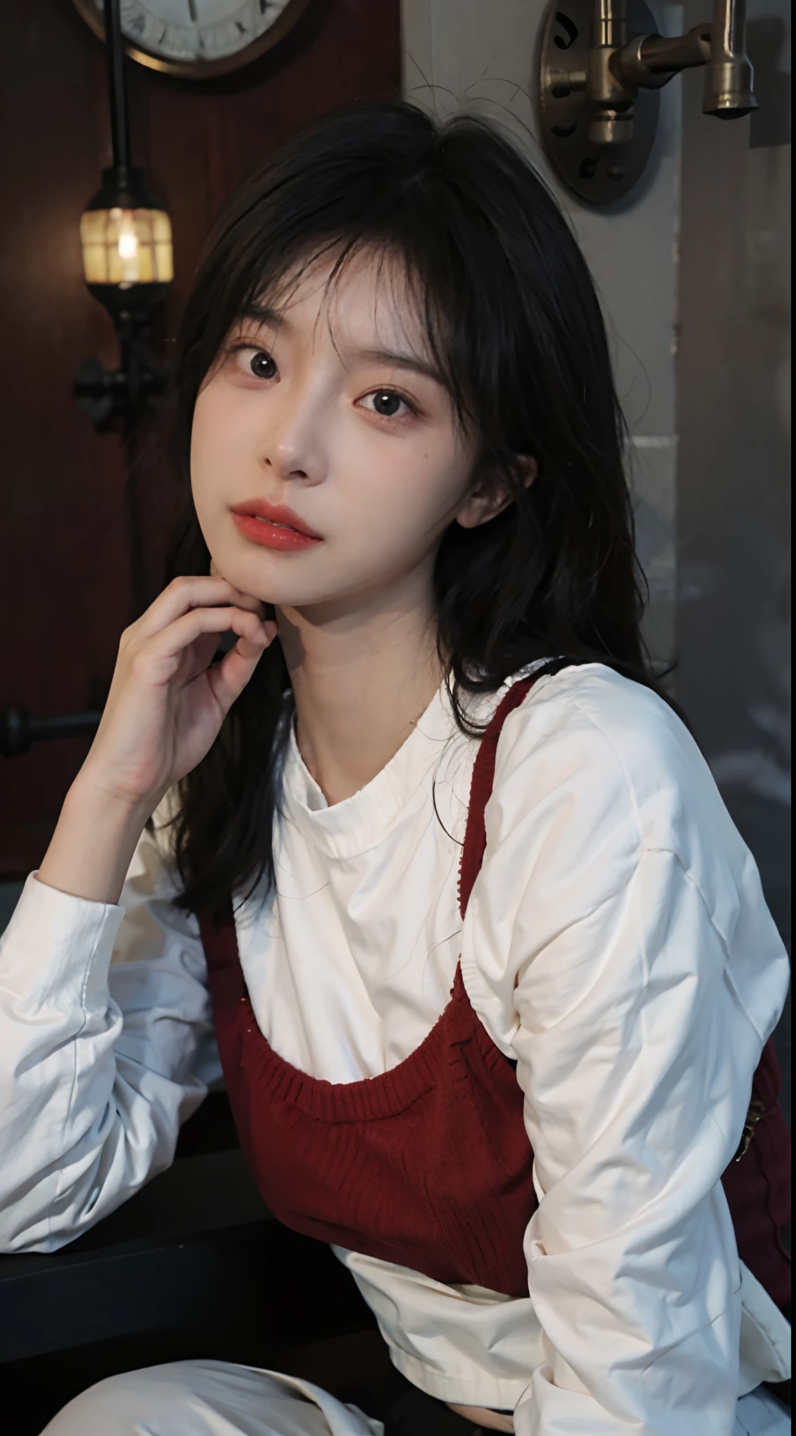best qualtiy, 超高分辨率, (realisticlying:1.4),Baoyu Girl,1girll, ,Cropped red sweater,a sense of atmosphere,Beautiful woman with a slim figure:1.4, Abs:1.1, Toilets,Ultra-fine face,Elaborate Eyes,二重まぶた,choker necklace