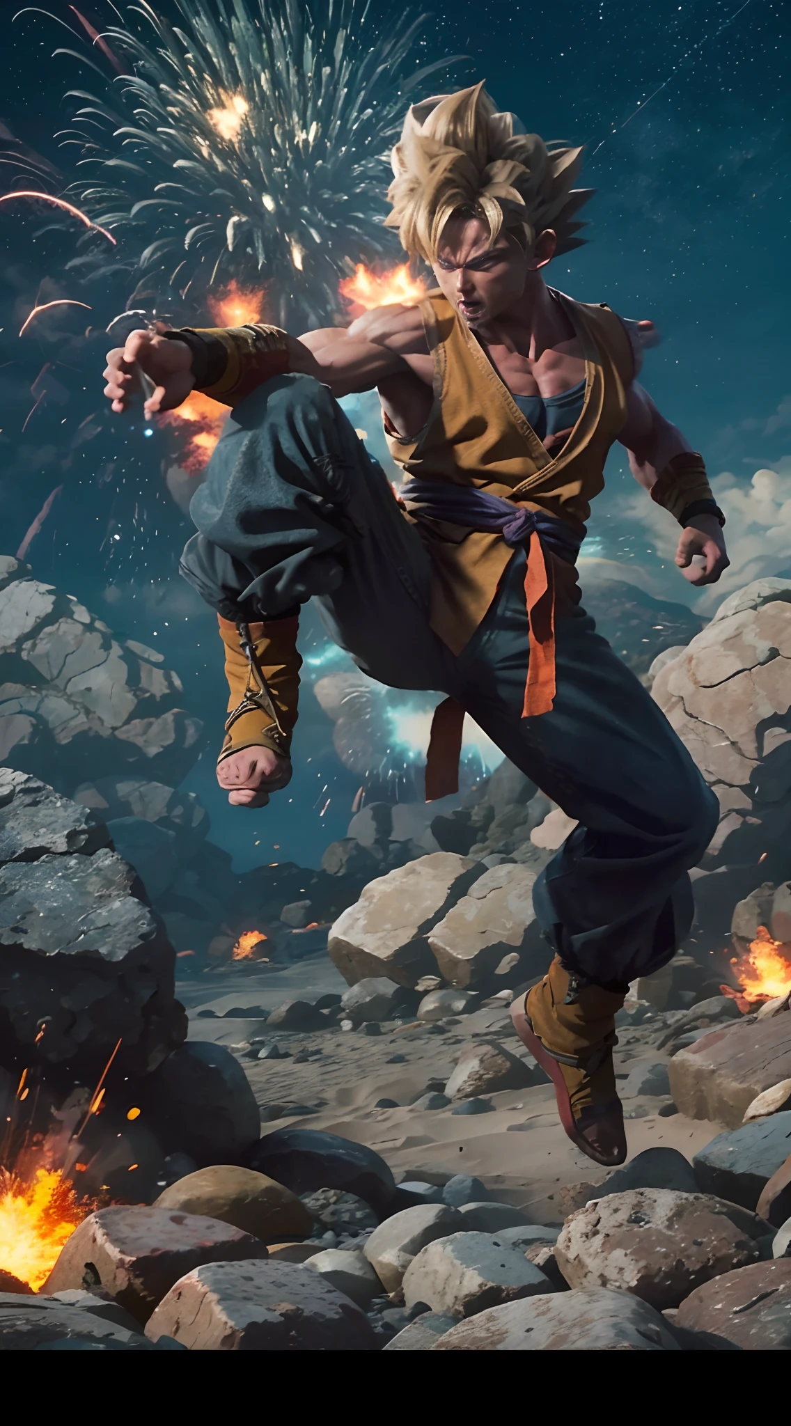 Image of Goku's advanced anger instinct , Yellow Goku vest set,The whole body clothes burst,Flying sand and rocks around,Fire and explosion effects, cowboy lens,Landscape of deep blue sky with stars, detailled image, Ultra photo realsisim, Explosions and cinematic effects