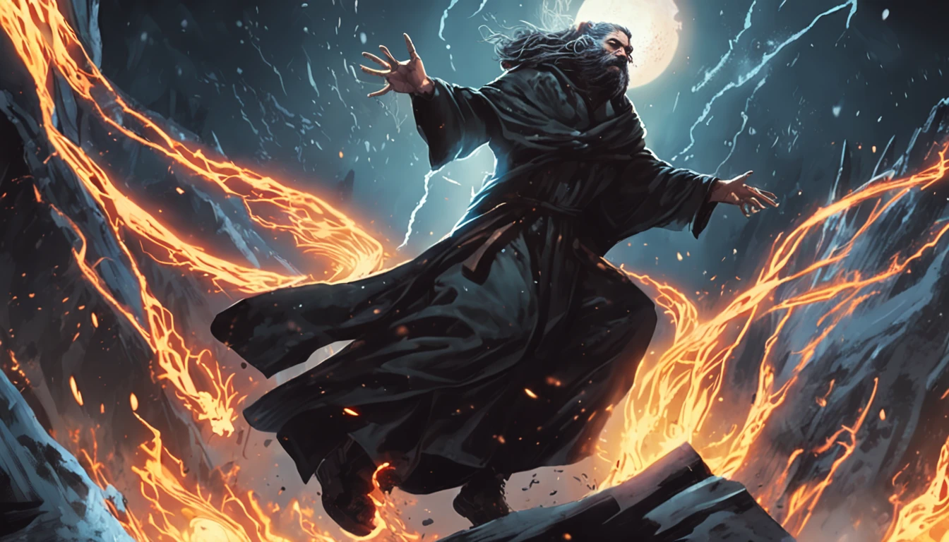 (Character:
A wizard in black robe. He is wearing a cap so the face cannot be seen,
The aura of the the wizard is gloomy
)
(Action:
The wizard is raising his hands,
he cast 10 fireball spell,
10 fireballs hovering around wozard
)
(Background:
a dark forest with errie feeling,
There is teriified 10 wolves)
(Quality of Image:
Best quality, Masterpiece, surrealism, Landscape)