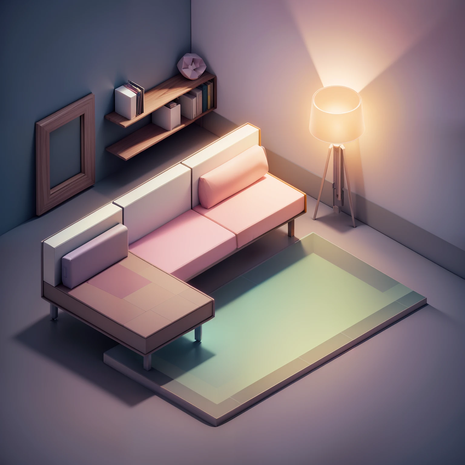 "(Isometric perspective:1.5),(pixar-style:1.2),There is a bed in the bedroom,sofe,table light,Study desk,janelas,Wall paintings,3 d modelling,pink back ground,Global illumination,Ray traching,hdr,rendering,unreal render,best qualtiy,8K,"