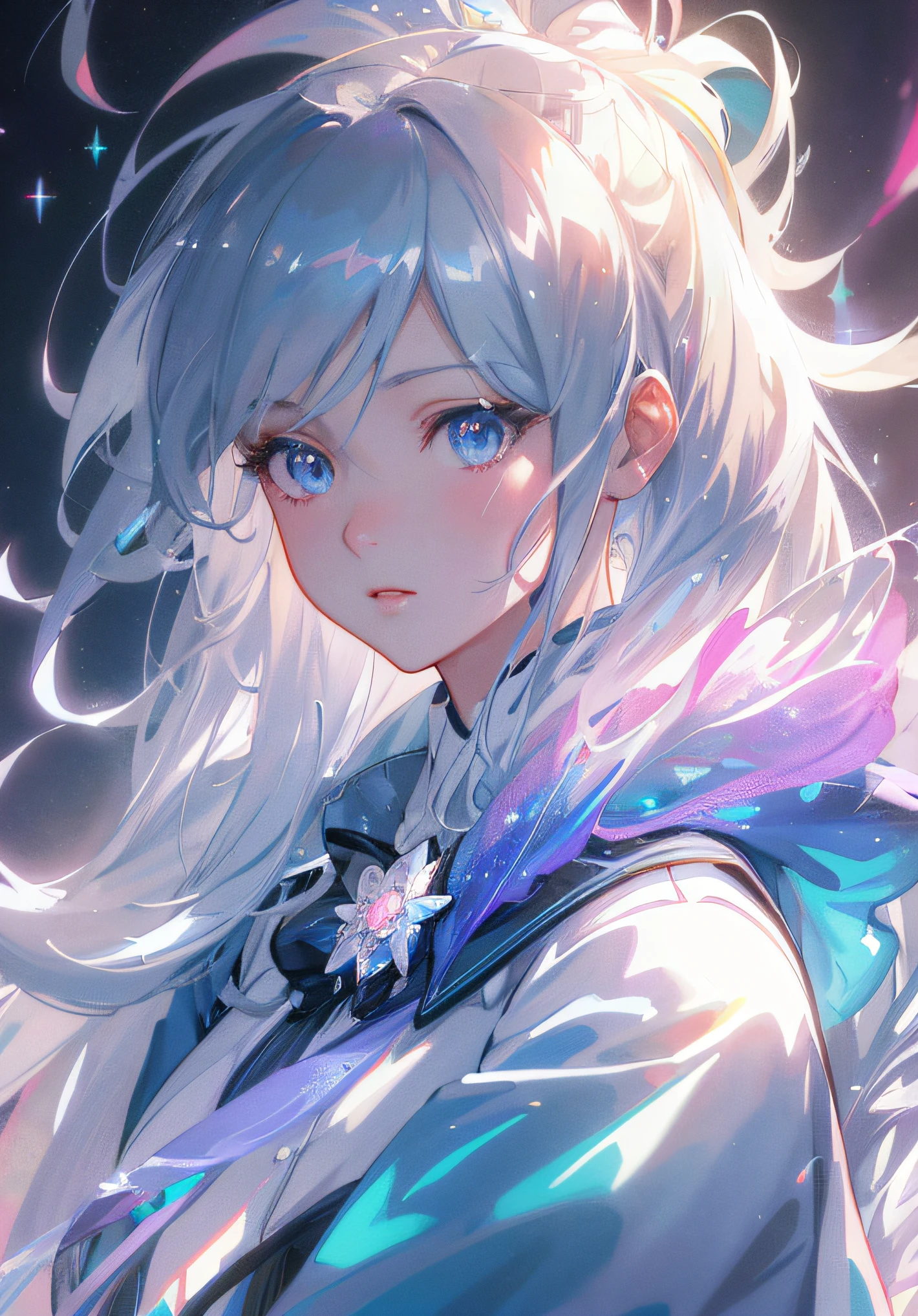 Anime girl with long white hair and blue eyes in a blue dress, Detailed digital anime art, Digital anime art, style of anime4 K, a beautiful anime portrait, anime girl with cosmic hair, Digital anime illustration, Anime art wallpaper 4k, Anime art wallpaper 4 K, Digital art on Pixiv, Guweiz in Pixiv ArtStation, advanced digital anime art