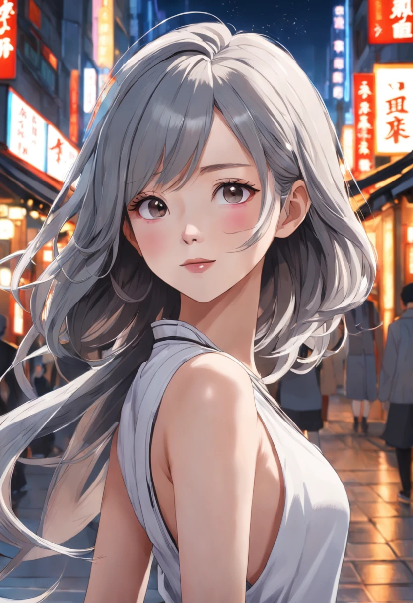 photograph of-realistic (1 cute Korean star) Shoulder-length hair, White skin, thin makeup, 32 inch breast size, A slight smil, Wearing a gray V-neck vest, necklace, In the pedestrian street, Night,  Chinese pavilions, Close-up, Cubist futurism, hyper HD