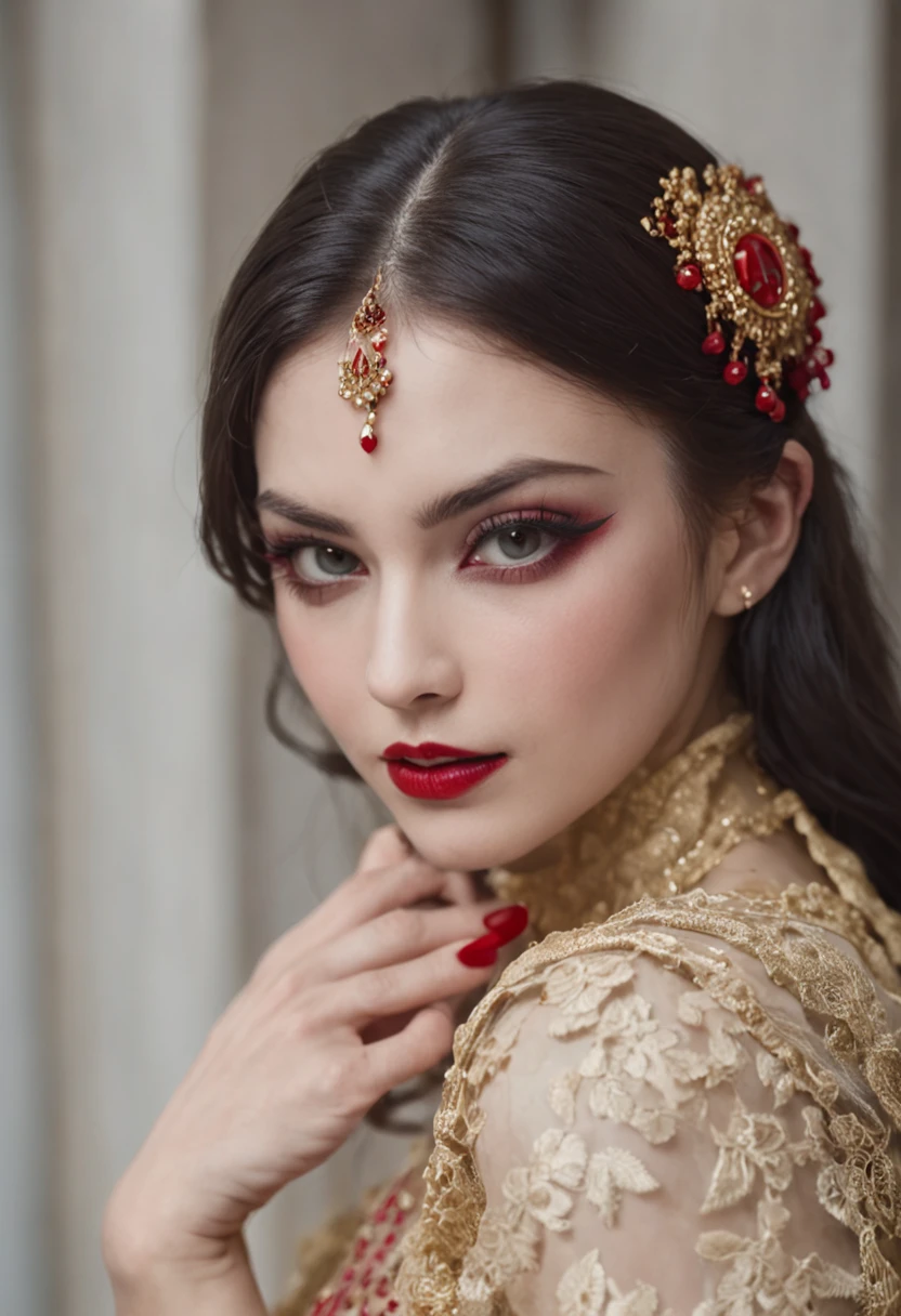 ((tmasterpiece、necesitar、ultra delicado、A high resolution)), solo, una chica de belleza，Vampiros，Trajes nobles， ojos brillantes，pupilas rojas, ojos perfectos, 21yo, Tema de oro blanco y negro,Tema de sangre