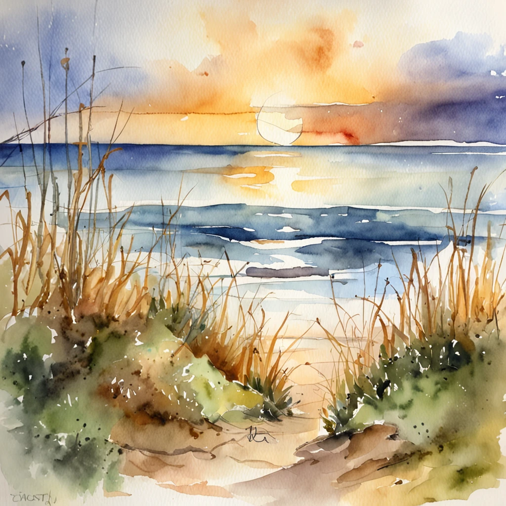 Capturing the beauty of an Irish coastal sunrise in watercolor, as the sun rises above the sea, casting a warm and golden hue across the water.
Descriptive keywords: Coastal sunrise, Golden hue, Ocean view, Watercolor tones, Morning tranquility.
Camera type: Watercolor palette.
Time of the day: Coastal sunrise.
Style of artwork: Coastal and calming.
By artist: CoastalSunrise -ar 4:5