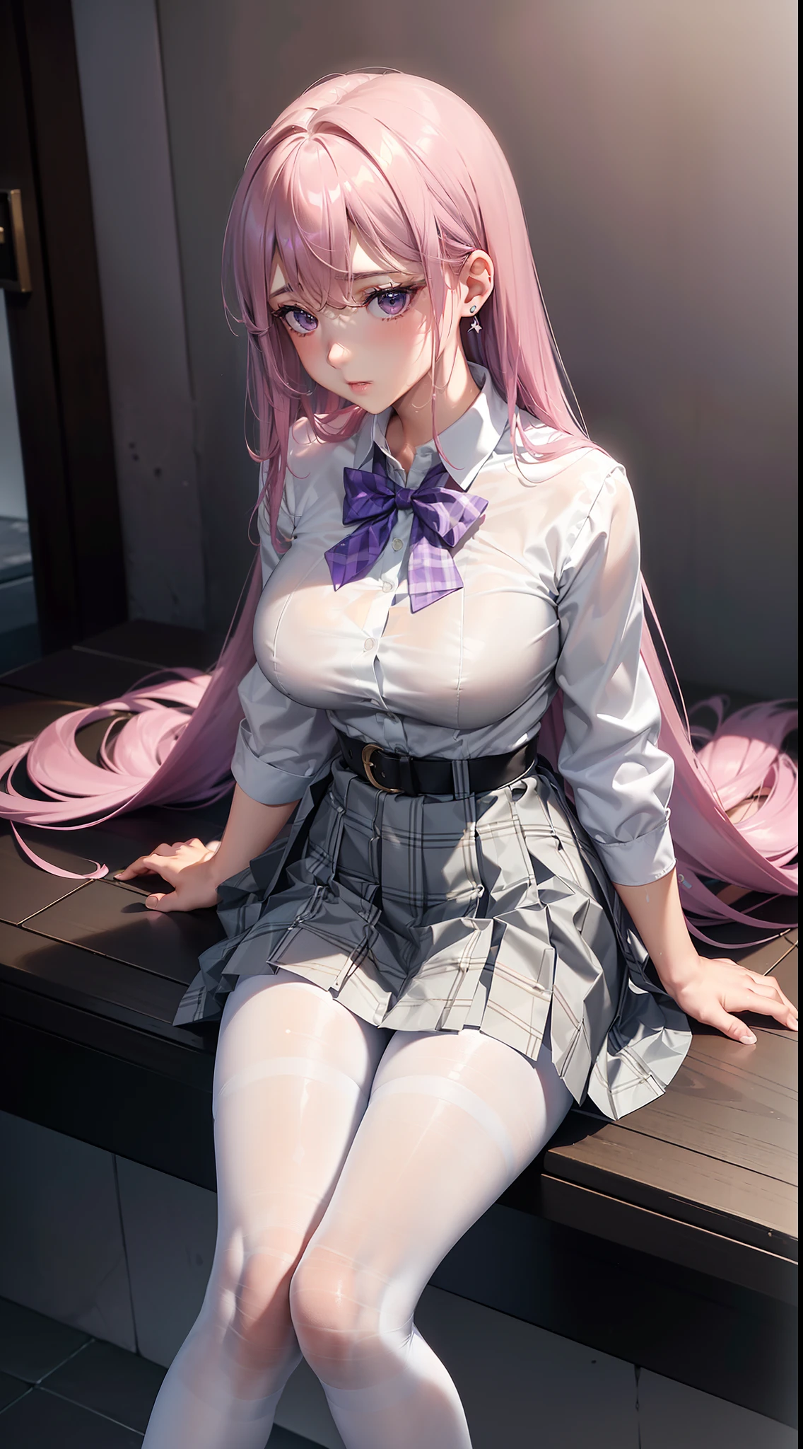 Manhwa Style，Naughty older sister type，(High-quality characters:1.2)，(4K:1.1)，(Exquisite facial features:1.2)，Glossy face，up-close，(Direct rear view:1.3)，(The complexion is very fair:1.3)，(sophisticated haircut:1.1)，(Pale light blue hair:1.1)，(pink gradient:1.1)，(Purple stripes stained:1.1)，(Thin leg:1.2)，(Big breasts Thin waist:1.2)，(Small breasts:1.2)，(Highlight 1.2)，(1个Giant Breast Girl:1.1)，(:1.1)，Bow hairpin，White heart-shaped earrings，校服，White belt，Messy uniform jacket，(Wet clothes:1.1)，(white  shirt:1.1)，(White waist pantyhose on the left leg:1.3)，(Black pantyhose on the right leg:1.3)，(Grey low-rise pleated plaid skirt:1.3)，(Grass background:1.2)，(Flipping up her skirt with her hands:1.2)，(Scratch your breasts with your hands:1.3)，(spread their legs:1.3)，(High-end lingerie:1.2)，(Sit on 1 person:1.2)，Shy blush，Best quality at best