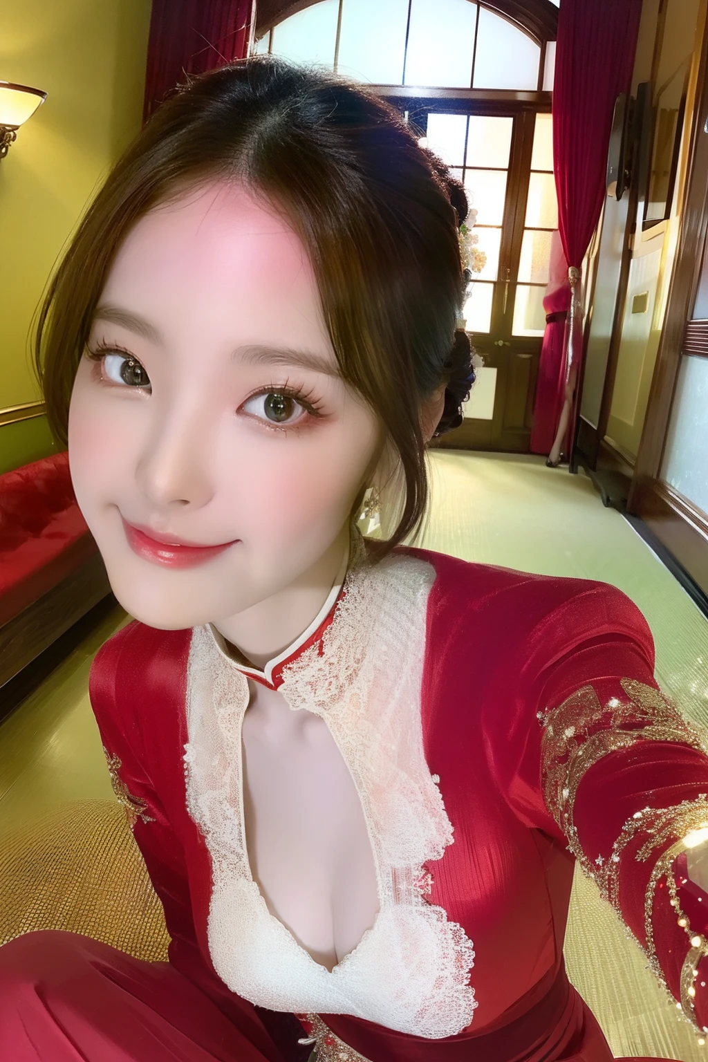 High society woman in formal attire、long skirt、Shining red、Gorgeous dresses、On the windowsill in the hallway、young sensual woman, Gorgeous young Japan woman, beautiful young Japan woman, A smile, Innocence, Young Asian woman, Young Asian girl, Beautiful young Asian woman, (Photorealsitic), Look at the viewer, Face viewer, (intricately details:1.2),(tmasterpiece, :1.3) ,(top-quality:1.4), (超A high resolution:1.2), 超A high resolution, (A detailed eye), (Detailed facial features), NFFSW, 8K resolution, (Lens flare: 0.7), turning around,
