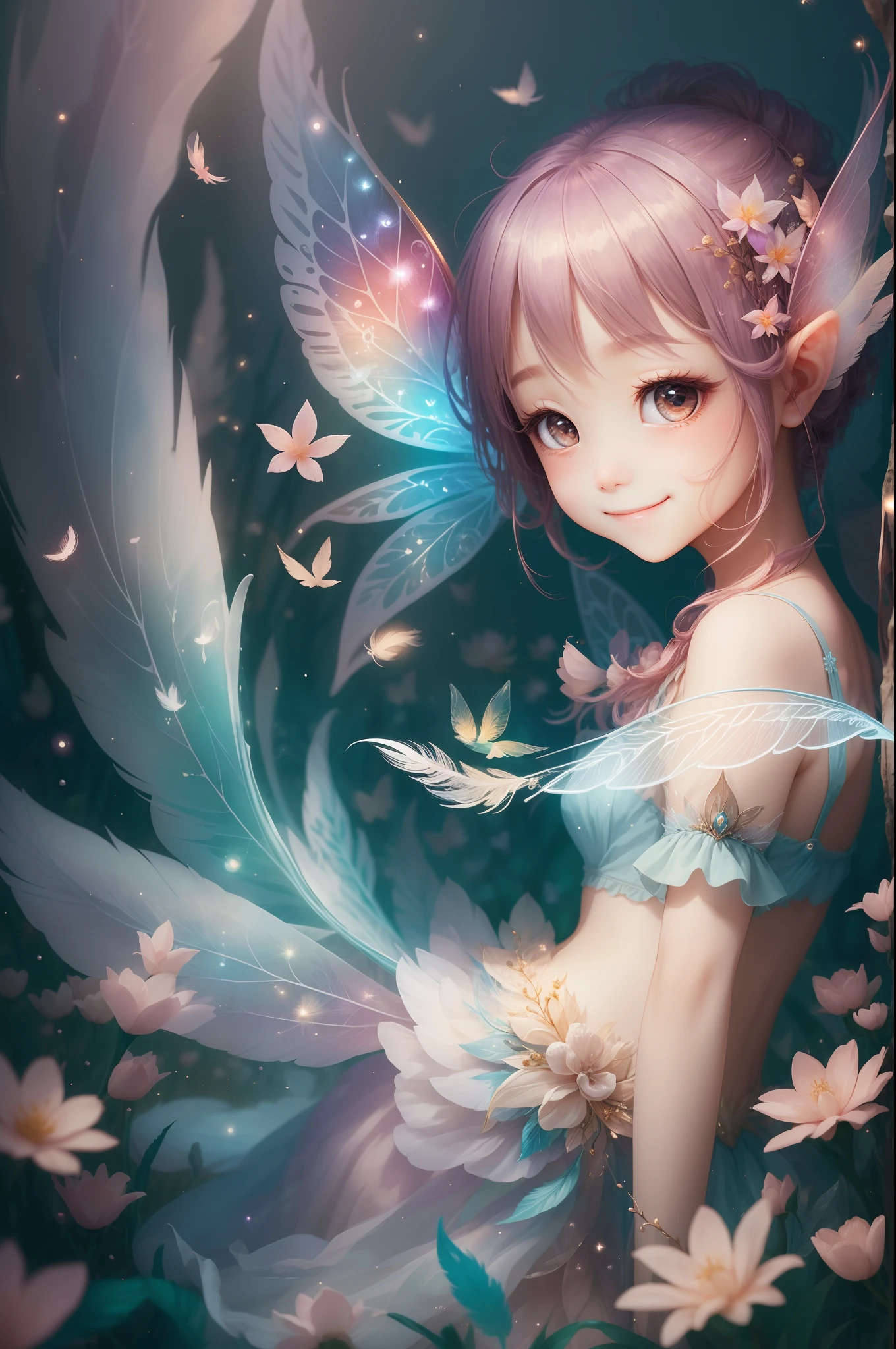 Into a fantastic world、Mystical fairy、Play with a smile、Transparent feathers、beatiful backgrounds、Bright background、Shining Fairy