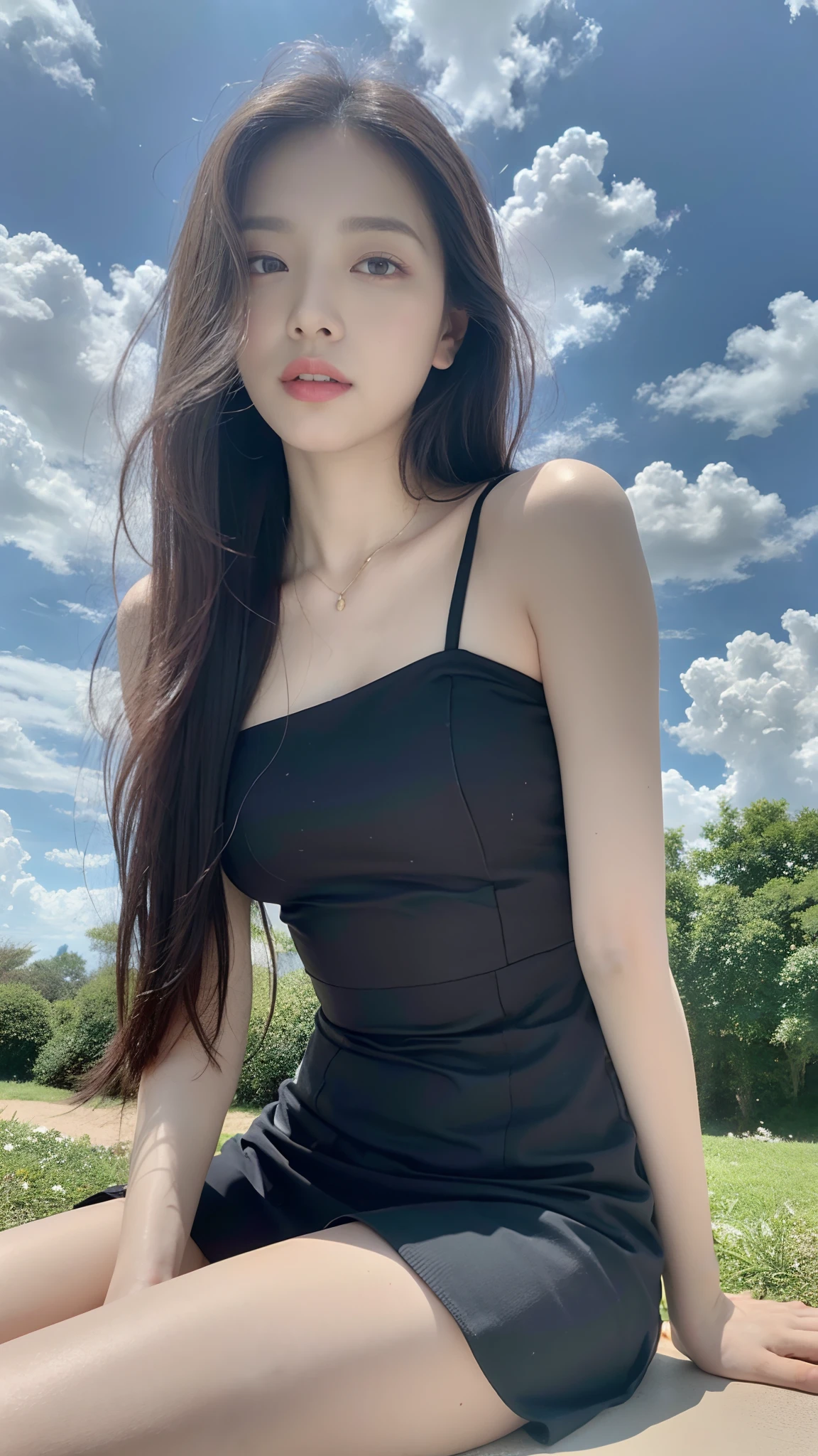 ((Best Quality, 8K, Masterpiece:1.3)), a beautiful girl, pure, melon face, gentle and cute, thin figure, (frontal), (tilted head), looking directly into the camera, [detached sleeves::0], [collared shirt::0], [capri pants::0], black silky long straight hair, long hair flowing over the shoulders, round black big eyes, clear big eyes, moist red lips, sweet, sitting by the pond, blue sky and white clouds, sunshine ,, idyllic background