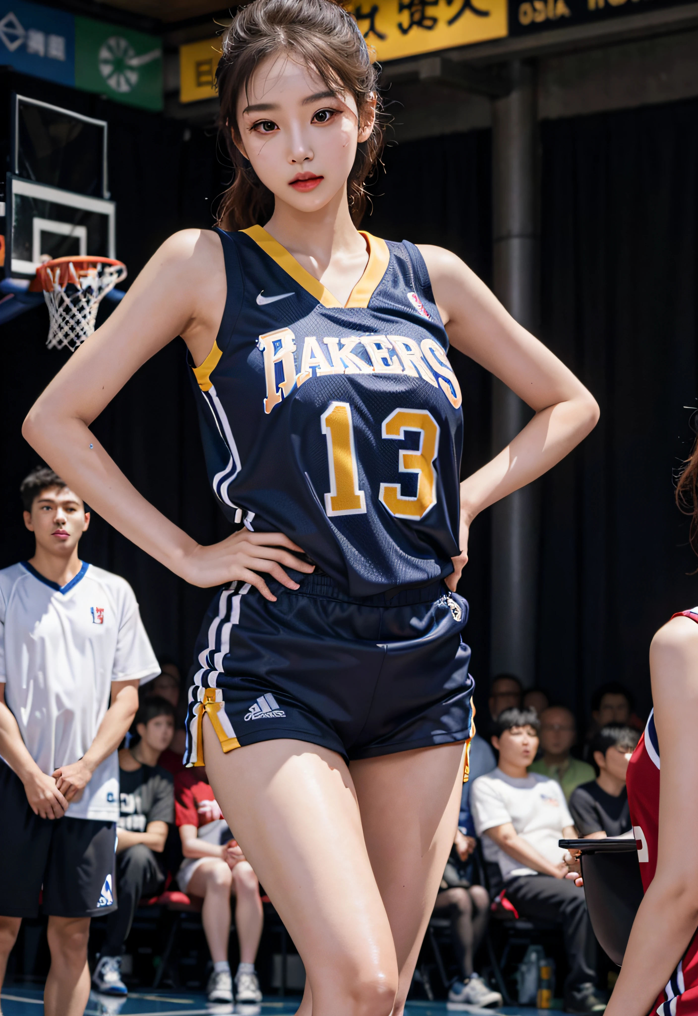 （ best qualtiy， tmasterpiece：1.2），A high resolution，4K,1girll，独奏，Delicate face，real looking skin，Dynamic light and shadow,Sharp focus,depth of fields,The eyes are delicate,pupil realistic, Playful expression， wear basketball uniform，（perfect bodies），（Big breasted 1.3），basketball playground，realisticlying, ultra - detailed, (shiny skins, perspired:1.4), looking at viewert,