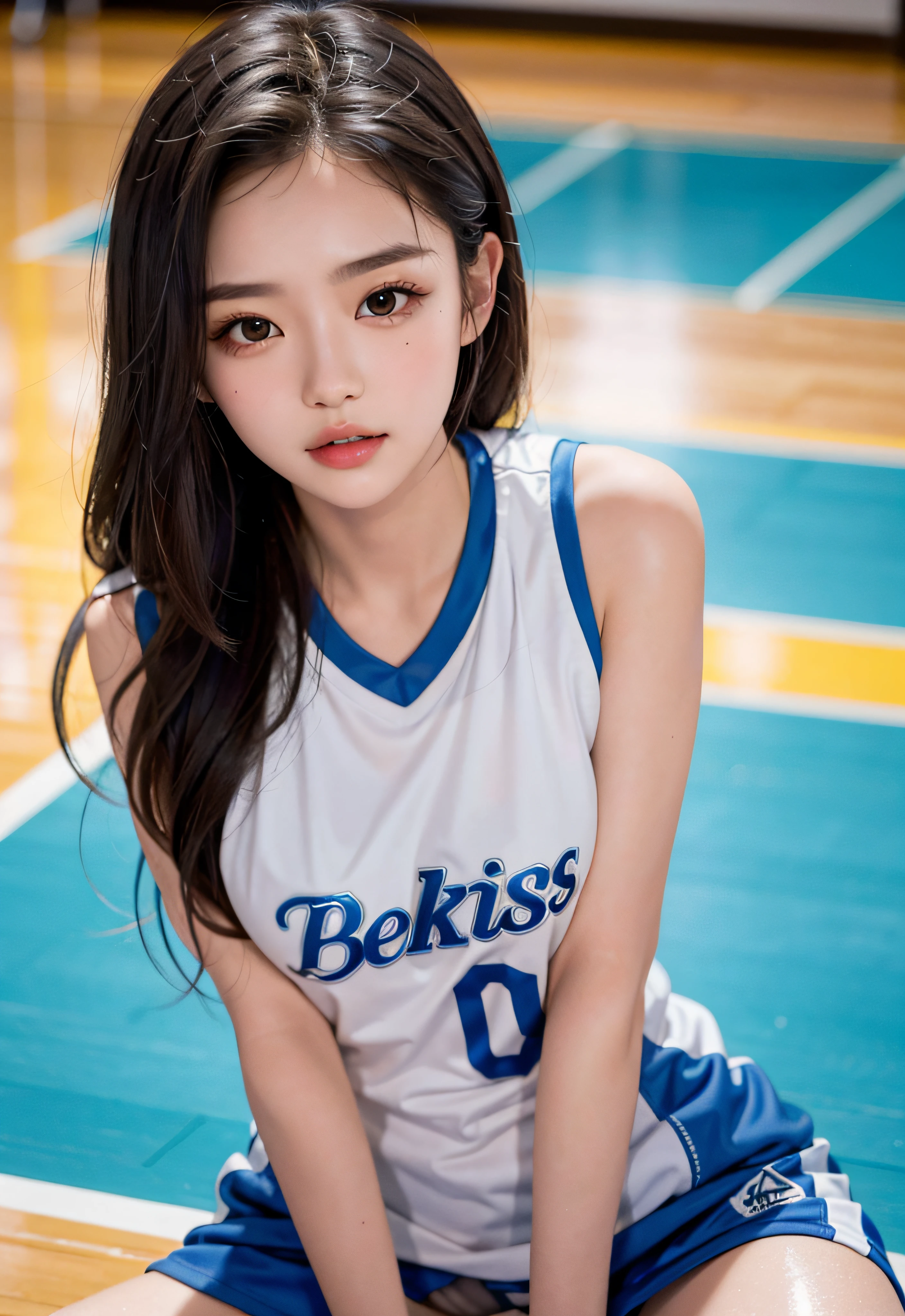 ( best qualtiy, tmasterpiece:1.2),A high resolution,4K,1girll,独奏,Delicate face,real looking skin,Dynamic light and shadow,Sharp focus,depth of fields,The eyes are delicate,pupil realistic, Playful expression, wear basketball uniform,(perfect bodies),(Big breasted 1.3),basketball playground,realisticlying, ultra - detailed, (shiny skins, perspired:1.4), looking at viewert,