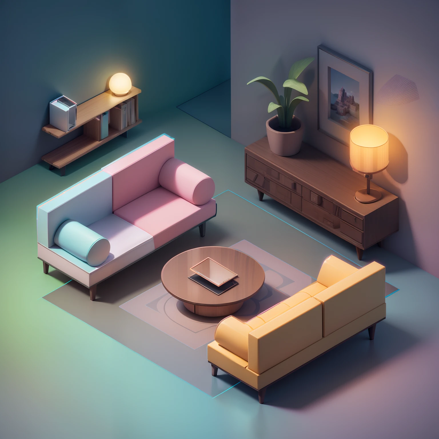 "(Isometric perspective:1.5),(pixar-style:1.2),There is a bed in the bedroom,sofe,table light,Study desk,janelas,Wall paintings,3 d modelling,pink back ground,Global illumination,Ray traching,hdr,rendering,unreal render,best qualtiy,8K,"