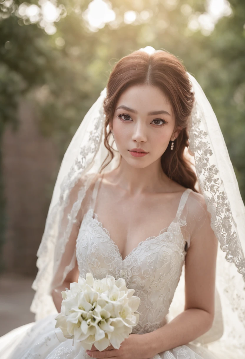 1girll，Wearing a white wedding dress，Standing in the middle of the hall of Hongda，（best qualtiy），（tmasterpiece：1.1），full bodyesbian，looking_at_viewer，dynamic angle，Perfect lighting for details，Stunning details，Perfect physical fabric，Shocking scene