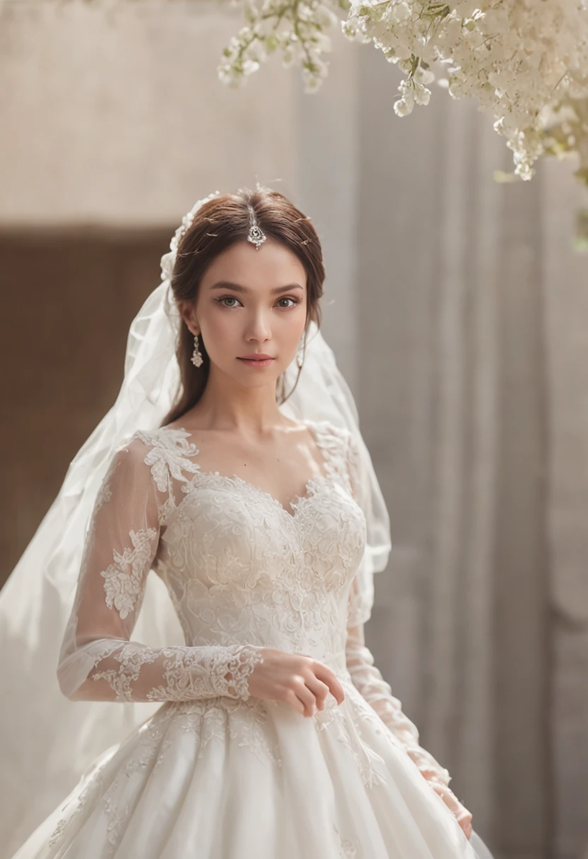 1girll,Wearing a white wedding dress,Standing in the middle of the hall of Hongda,(best qualtiy),(tmasterpiece:1.1),full bodyesbian,looking_at_viewer,dynamic angle,Perfect lighting for details,Stunning details,Perfect physical fabric,Shocking scene