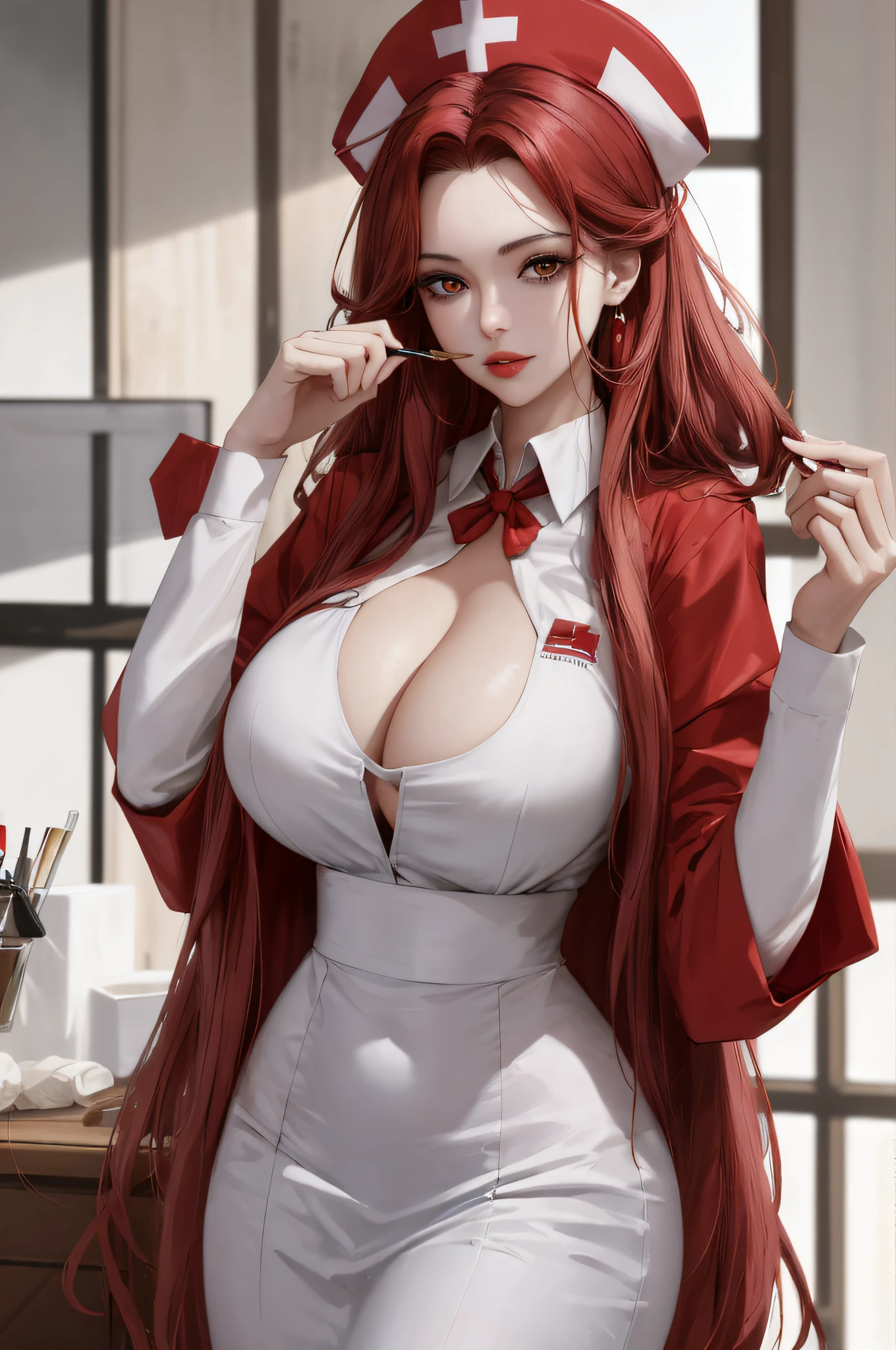 tmasterpiece:1.2,best qualtiy),realisticlying,(Real pictures,Complicated details,depth of fields),(1girll,独奏),putting makeup on,lips parted,highly details,s the perfect face,(gigantic cleavage breasts:1.4),(skin indentation ), thick thight, Wide hips, Big breasts Thin waist, Tall, Coral lip, redheadwear, red - eyed, horse tailed, (Nurses who take care of people, White and red nurse uniform colors), (perspired:1.2), (dampness), Raised sexy, Be red in the face,