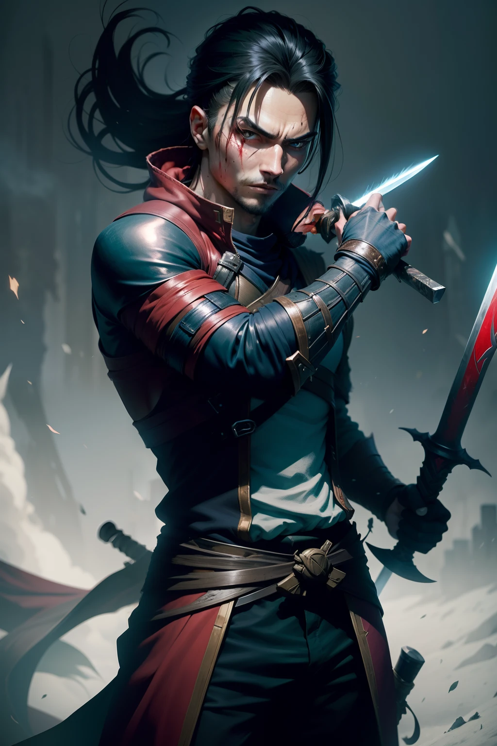 "Yasuo merged + Zed, League of Legends, Minute Details, Holding a sword in both hands,Blood-soaked sword,Well-executed details, Wind speed with stealth shadow."
