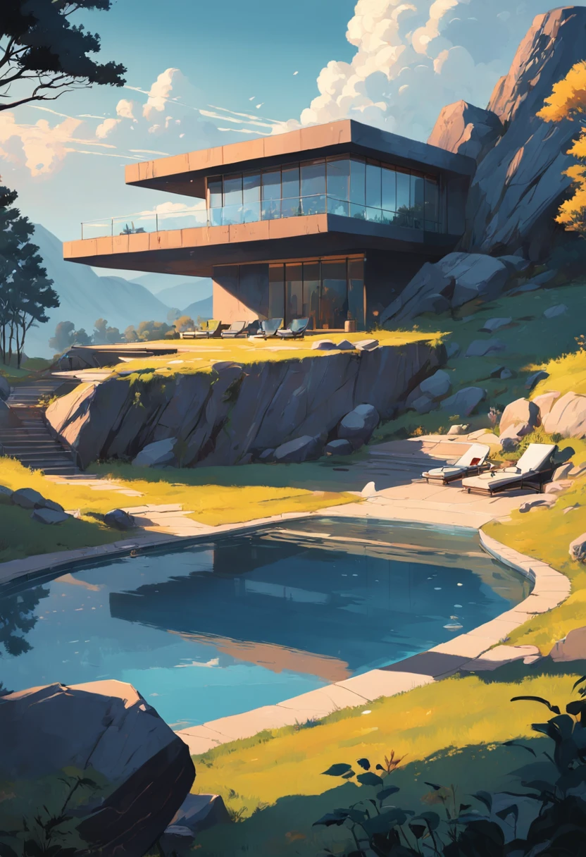 (((An amazing house))), (minimalism and brutalism style influence), (((with terraces))), (beautiful gardens), ((pool)), ((in top of big boulders)), (in edge of a river), sunset, big, deep and beautiful clouds, illustration format, cool and warm color palete, high contarst, hard shadows (Masterpiece, highest quality), (Exquisite lighting and shadow, highly dramatic picture, Cinematic lens effect), (((Simon Stålenhag visual style)))