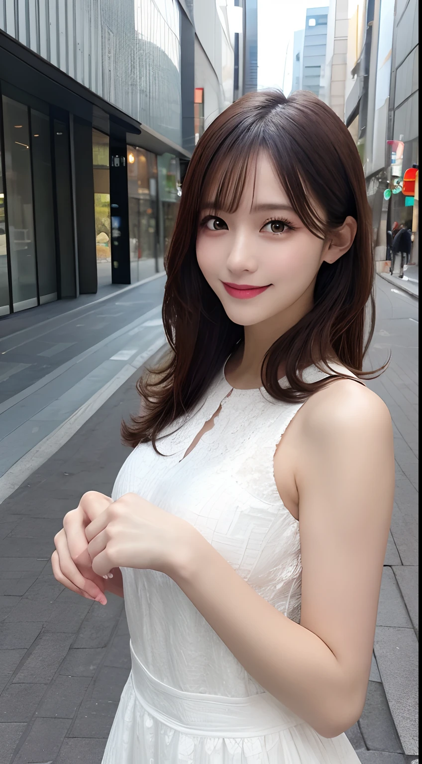 masutepiece, Best Quality, Illustration, Ultra-detailed, finely detail, hight resolution, 8K Wallpaper, Perfect dynamic composition, Beautiful detailed eyes, long court(off shoulders),Medium Hair,Small breasts natural color lip, Bold sexy poses,Smile,Harajuku、20 years girl、Cute、Sexy shot looking at camera、Blur the background