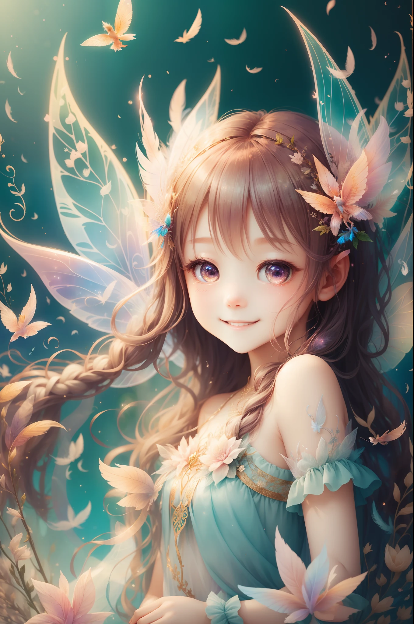 Into a fantastic world、Mystical fairy、Play with a smile、Transparent feathers、beatiful backgrounds、Bright background、Shining Fairy