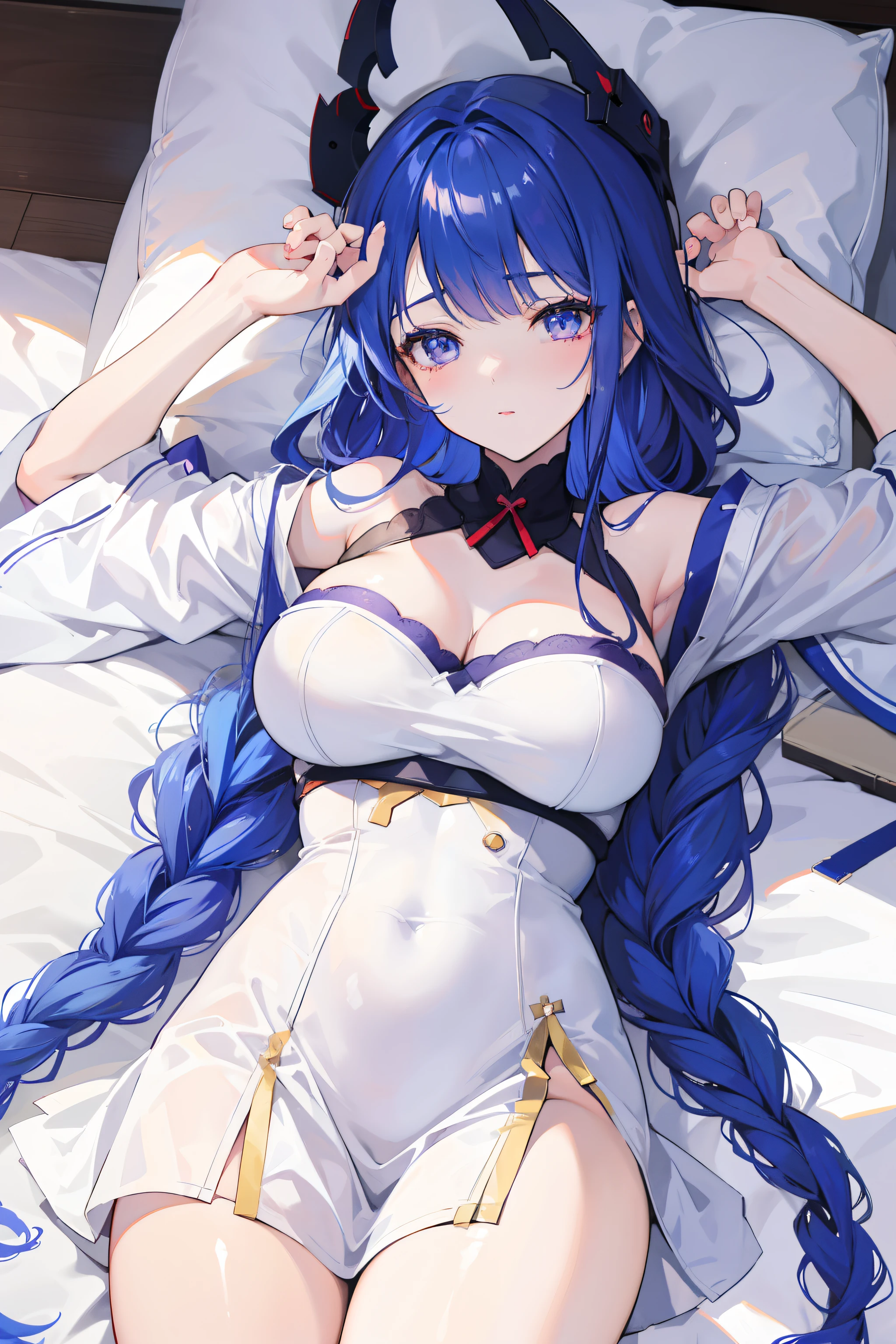 Anime girl lying on bed,Blue hair and white shirt, Kantai collection style, anime moe art style, azur lane style, Beautiful Anime High School Girls, Smooth anime CG art, seductive anime girls, trending on artstation pixiv, Anime art wallpaper 8 K, zerochan art, cute anime waifu in a nice dress, Yandere. Tall, Waifu