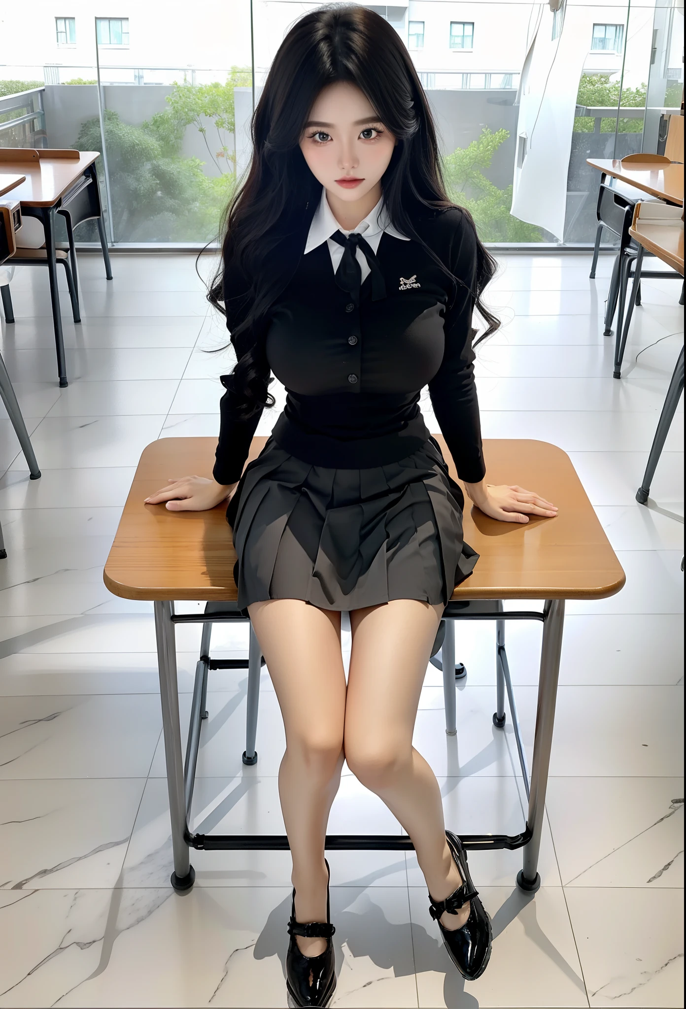 (8k, RAW photos, top quality, masterpiece: 1.2), (realistic, photorealistic: 1.37), (High Quality), (Ultra realistic), (High Details), (Face detail), (Shadow Detail), ((gigantic huge breasts: 1.9)), (big butt), 1 korea girl, black hair, long hair, (school uniform), dark blue long shirt, grey short skirt, white shoes, sitting, classroom, bokeh background