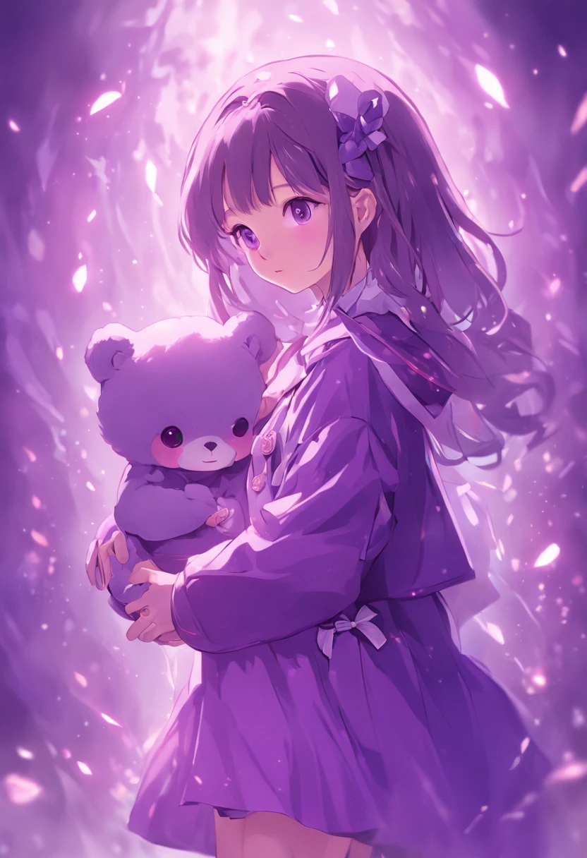 In purple,ta style clothing,teenrl,Holding the bear cub,Cute and cute,KIDS ILLUSTRATION,Glow effects,Dingdall effect,depth of fields,high light,Real light,Ray traching,oc rendered,Hyper-realistic,best qualtiy,8K,Works of masters,super-fine,Detailed pubic hair,Correct anatomy,sharp focus on eyes,Bokeh,Facial features are carefully depicted