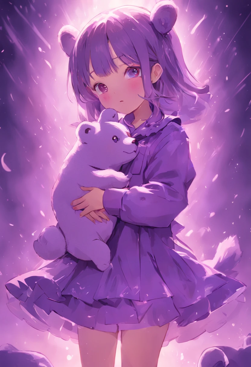 In purple，Lolita style clothing，teens girl，Holding the bear cub，Cute and cute，KIDS ILLUSTRATION，Glow effects，Dingdall effect，depth of fields，high light，Real light，Ray traching，oc rendered，Hyper-realistic，best qualtiy，8K，Works of masters，super-fine，Detailed pubic hair，Correct anatomy，sharp focus on eyes，Bokeh，Facial features are carefully depicted
