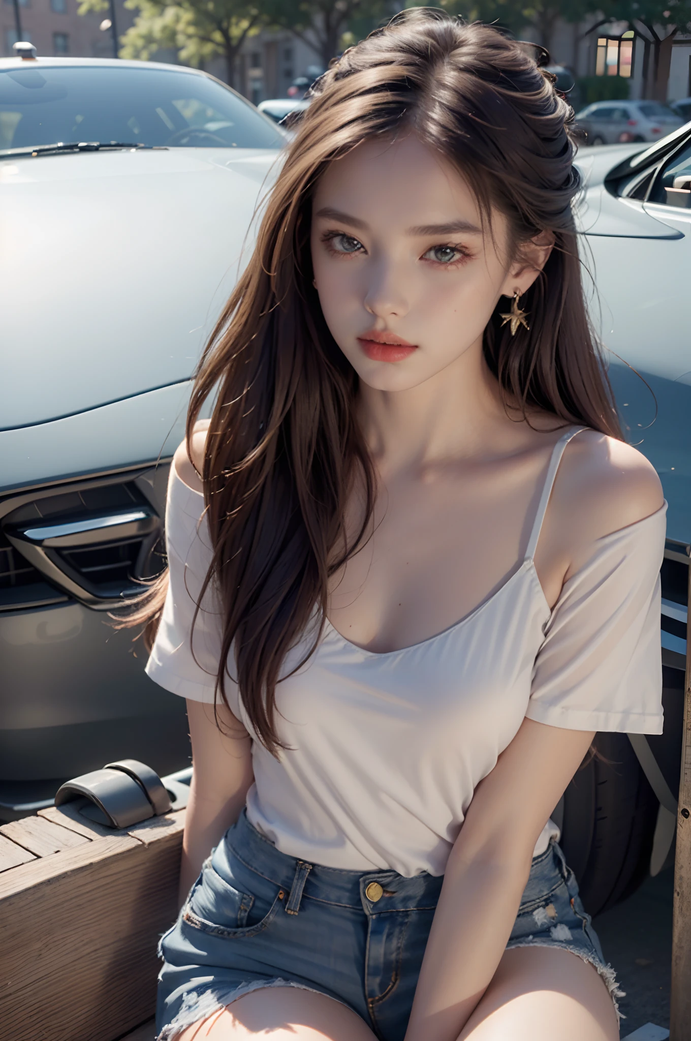 Best quality, masterpiece, super high resolution, (realistic: 1.4), original photo, (evening street), 1 girl, black eyes, looking at the audience, long hair, light makeup, lips, small ears, white t-shirt, denim shorts, earrings, sitting Ferrari, big breasts, slim