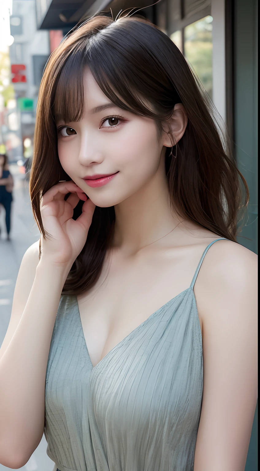 masutepiece, Best Quality, Illustration, Ultra-detailed, finely detail, hight resolution, 8K Wallpaper, Perfect dynamic composition, Beautiful detailed eyes, summer dress,Bob Hair, mid-chest, Natural Color Lip, Random and sexy poses,Smile,Aoyama Street Walk、20 years girl