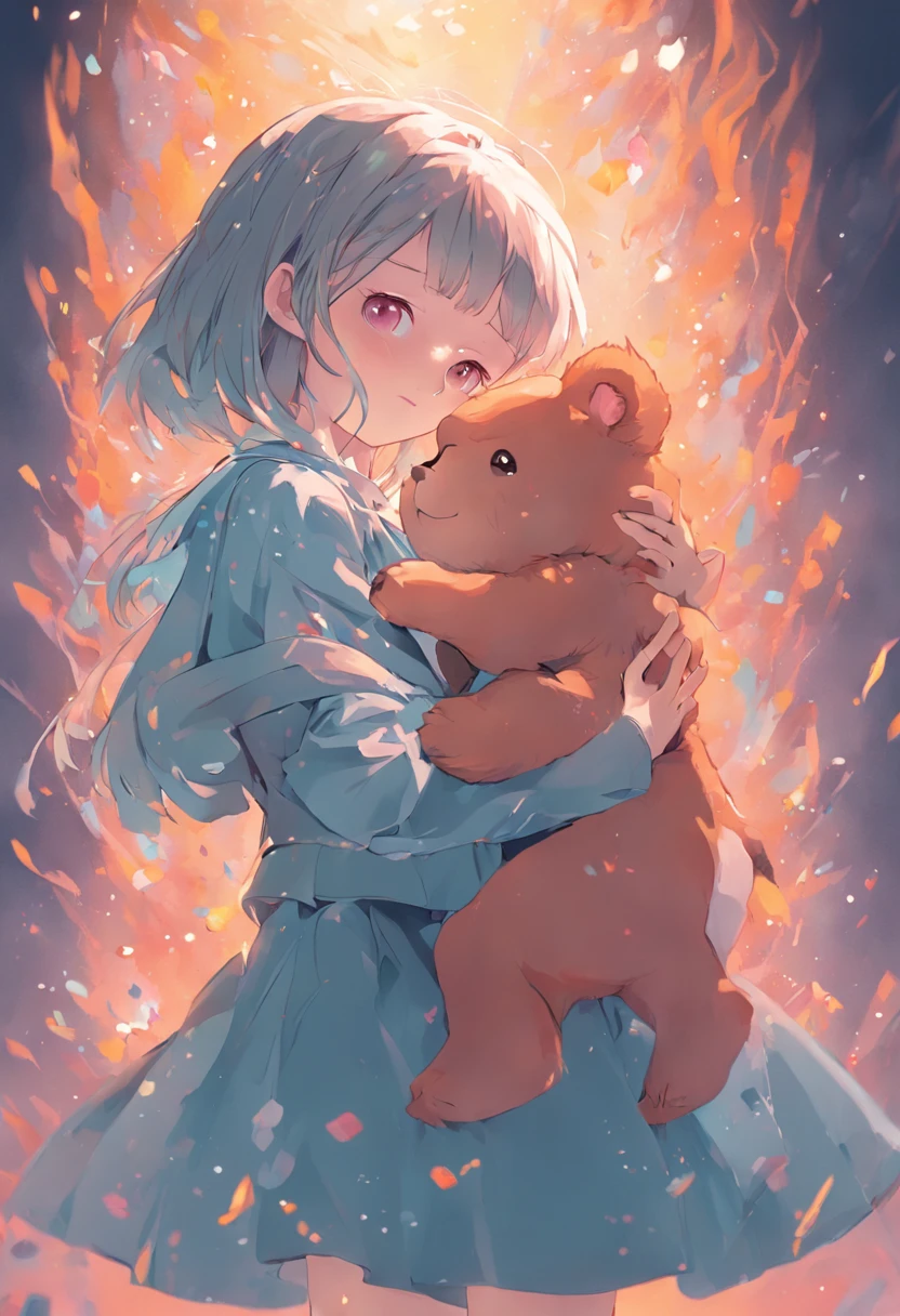 Colorful,ta style clothing,teenrl,Holding the bear cub,Cute and cute,KIDS ILLUSTRATION,Glow effects,Dingdall effect,depth of fields,high light,Real light,Ray traching,oc rendered,Hyper-realistic,best qualtiy,8K,Works of masters,super-fine,Detailed pubic hair,Correct anatomy,sharp focus on eyes,Bokeh,Facial features are carefully depicted