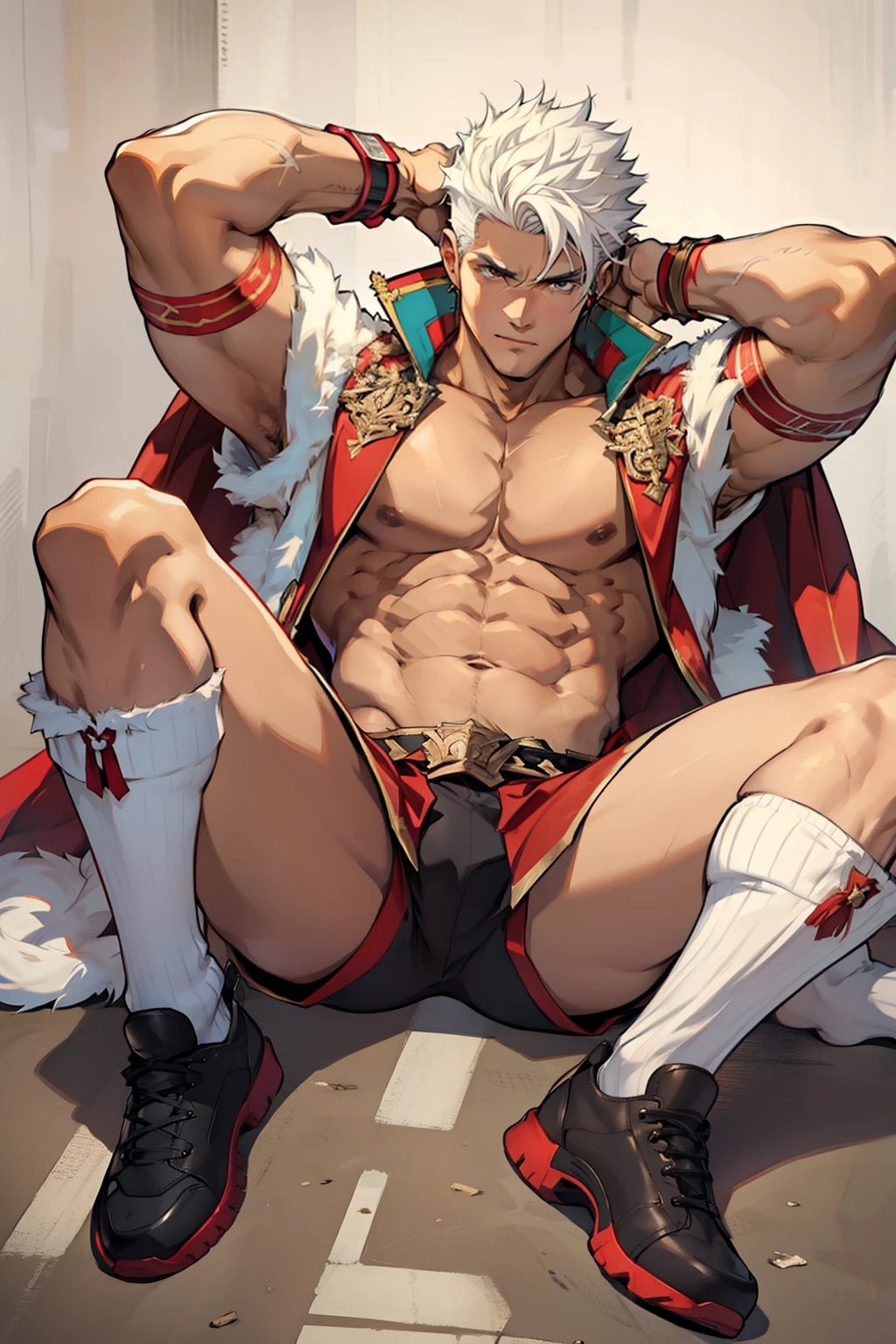 Highest image quality,male people,child,1 boy,Young and handsome,shoun,White color hair,Short flat top hair,Dark skin,anime big breast,anime wallpaper,Solo,malefocus,Briefs,Dilation of the pectoral muscles,Red cape,Bulging crotch,Urban background,spread their legs,Sexy,(Masterpiece, Best quality),Long white socks,Red Martin boots,