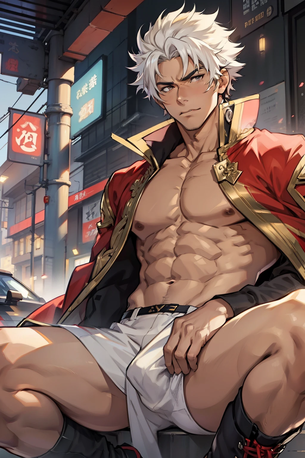 Highest image quality，male people，，1 boy，Young and handsome，shoun，White color hair，Short flat top hair，Dark  skin，anime big breast，anime wallpaper，Solo，malefocus，Briefs，Dilation of the pectoral muscles，Red cape，Bulging crotch，Urban background，spread their legs，Sexy,(Masterpiece, Best quality),Long white socks，Red Martin boots，