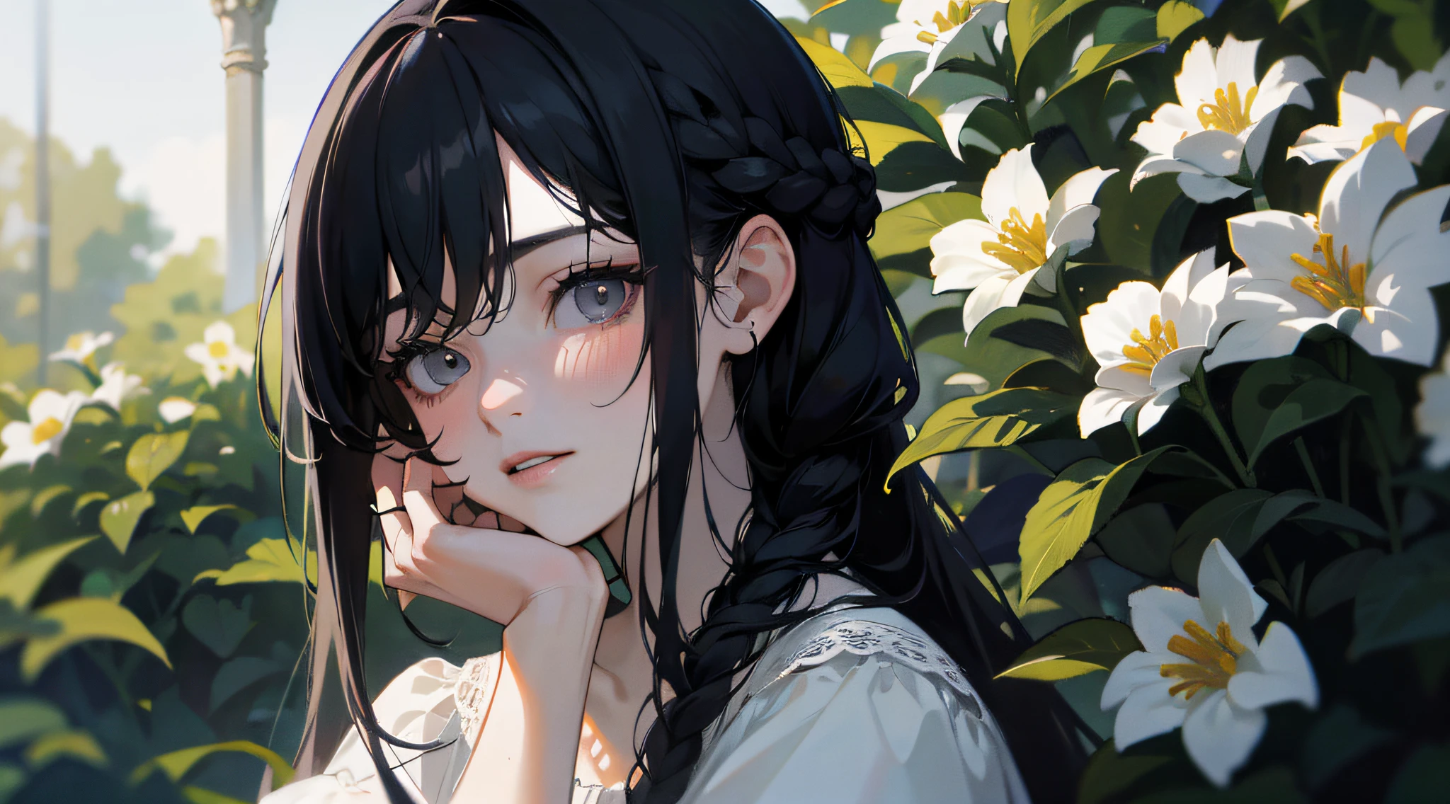 1 woman, (masterpiece, best quality:1.2), 8k, official art, absurdres, HDR, facelight, ultra realistic, highres, photography, film grain, chromatic aberration, sharp focus, dynamic lighting, cinematic lighting, professional shadow, dark shadow, highest detailed, extreme detailed, ultra detailed, finely detail, real skin, delicate facial features, detailed face and eyes, sitting in a garden setting, flowers, wearing nightgown, black hair, very long hair, waist length hair, braid on left side, gray eyes, long shot, not looking at the viewer