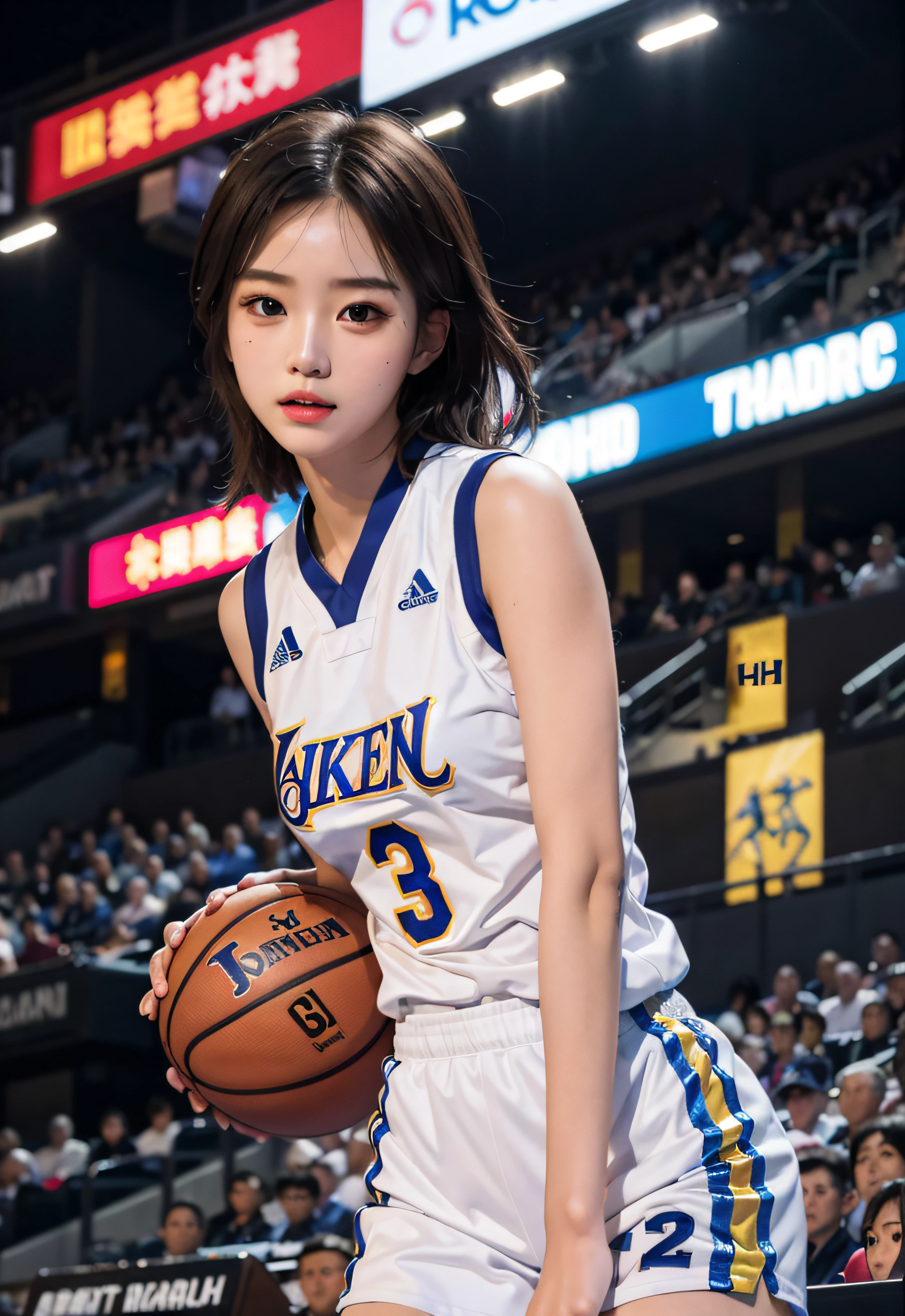 ( best qualtiy, tmasterpiece:1.2),A high resolution,4K,1girll,独奏,Delicate face,real looking skin,Dynamic light and shadow,Sharp focus,depth of fields,The eyes are delicate,pupil realistic, Playful expression, wear basketball uniform,(perfect bodies),(Big breasted 1.3),basketball playground,realisticlying, ultra - detailed, (shiny skins, perspired:1.4), looking at viewert,