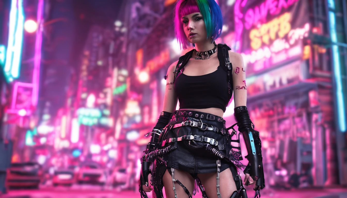 A photograph with an extreme perspective shot from hip level up. A caucasian cybergothic girl with asymmetric clothing, skulls and metal belts, a short leatherskirt, a cropped top and a fishnettop on top, one knee high lace sock and combatboots. She has black hair and pink hairstrands, with bangs and some loosely braided strands. A lot of plastic tubelike hair accessories glowing in neongreen and neonpink. The background is a blurred cyberpunk city with neon lights.