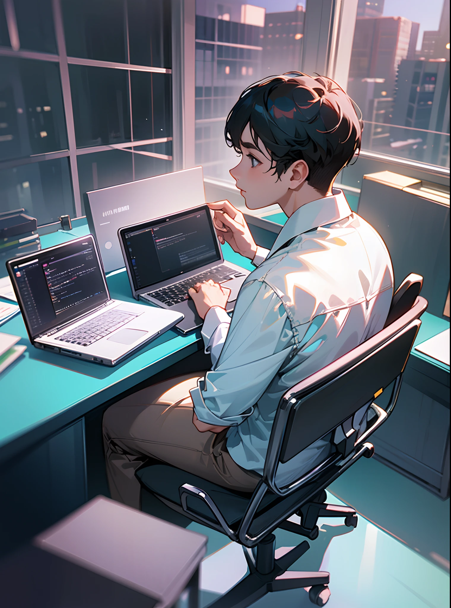 Young entrepreneur working late at a desk with a laptop ultra realistic,8k hd --auto --s2
