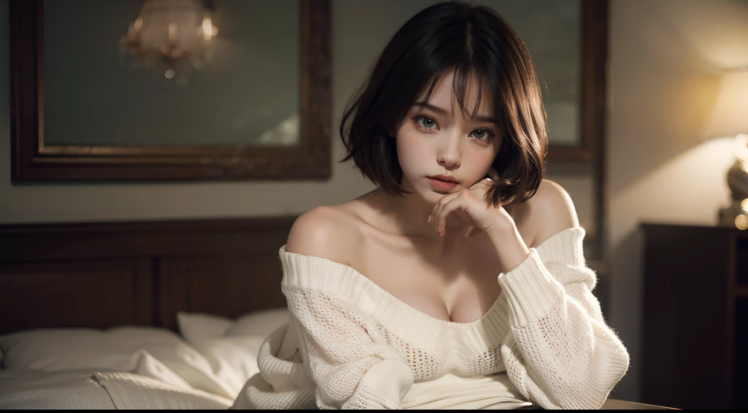 Fantasy. a girl, sitting, bare shoulders, detailed (((loose))) white sweater. large breasts, half body portrait, ((looking at away)), stunningly beautiful, mint bob hair, blush, humble, table, home, hands. highly detailed. Cinematic lighting, (nsfw:1.27)