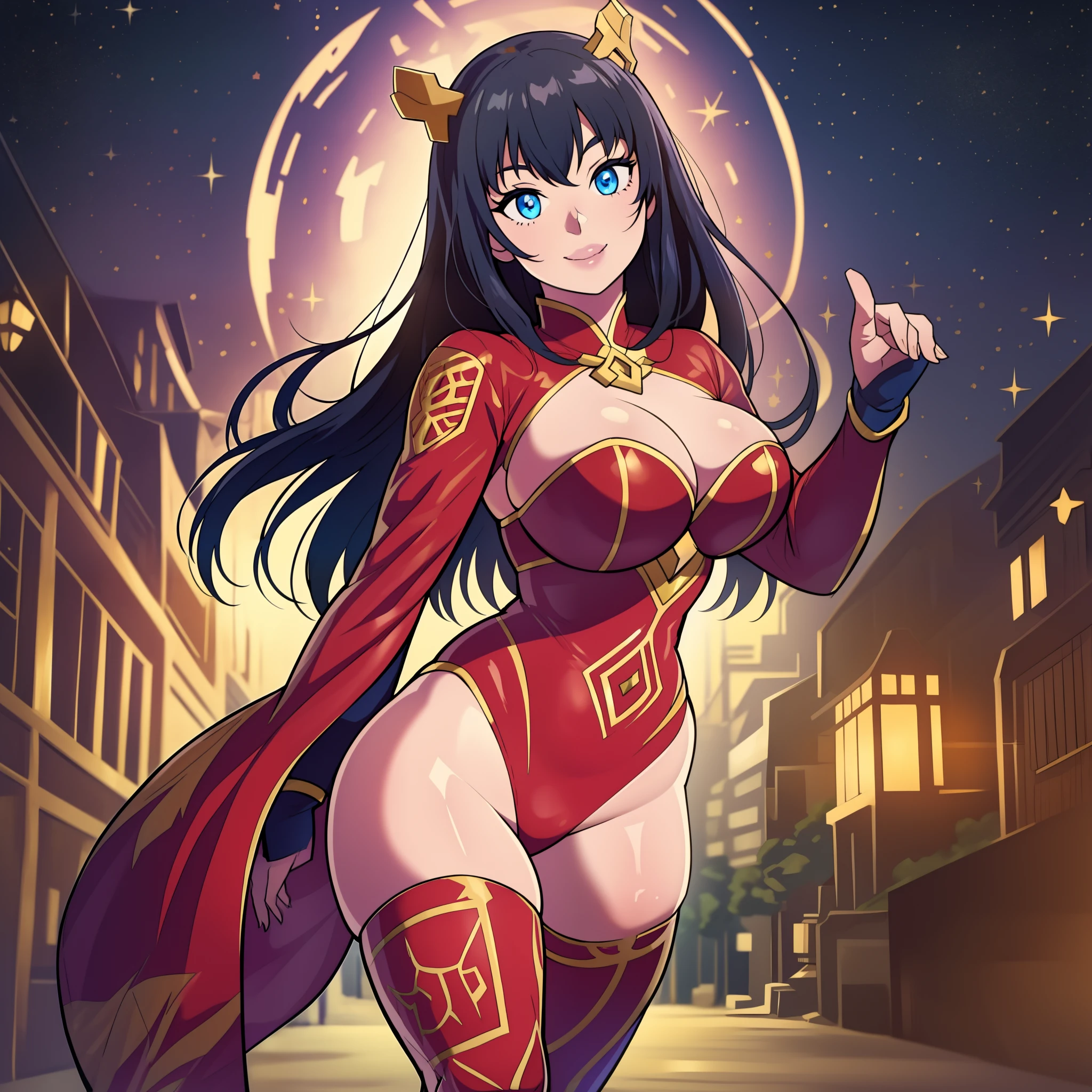 beautiful, masterpiece, best quality, extremely detailed face, perfect lighting, 1girl, wonderjlu, black hair, long hair, star (symbol), big breasts, leotard, red footwear,walking,smile