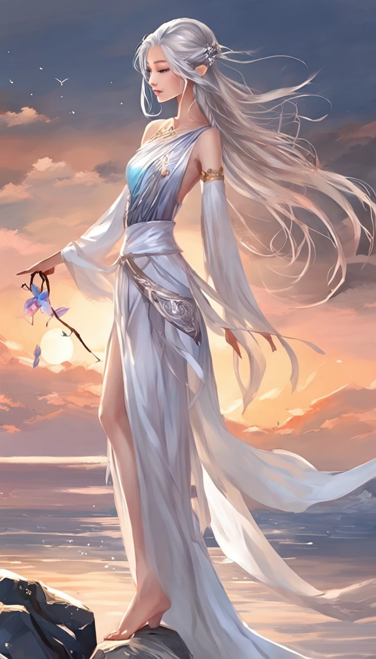 (best qualtiy，tmasterpiece), Beautiful ******* girl, Beautiful goddess, Sexy goddess, Swords, white crane, The right hand, A long flowing dress, Slender legs Silver hair, By bangs, Tie a ponytail,  Beautiful hair accessories, Detailed scenes, the night, starrysky, cold light, full moon, (In pink, white colors, cyan colors), ((From the side Side)), ((Upper body)), ((Realistic))