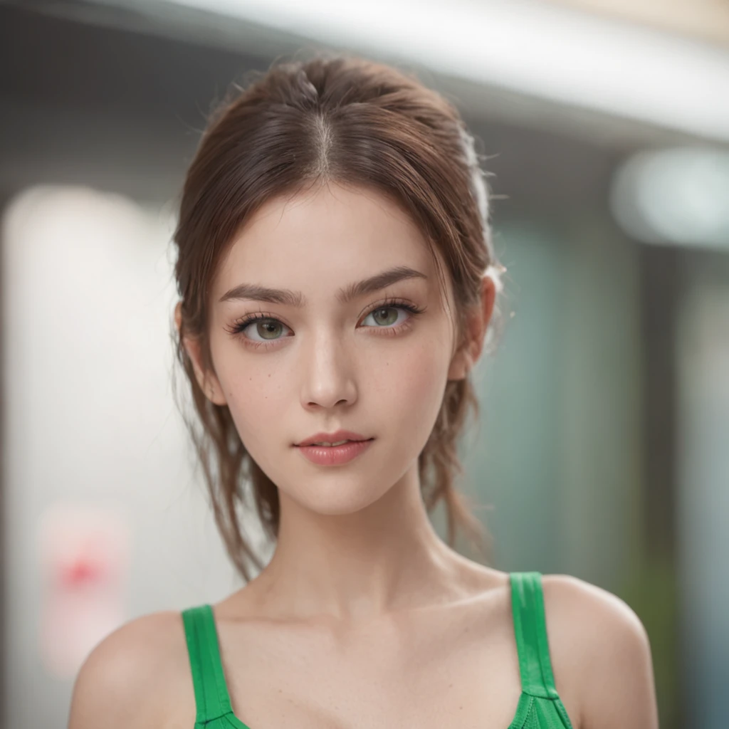 A 20 year old girl with ponytail hair, big dark gray eyes, and a perfect ovale face, rendered in a photorealistic style with sharp edges and a vibrant atmosphere, standing in a convenience store with a green bikini is untied