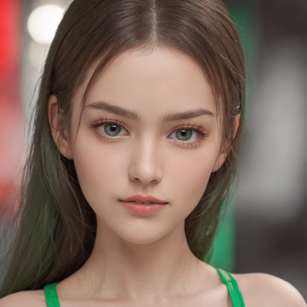 A 20 year old girl with ponytail hair, big dark gray eyes, and a perfect ovale face, rendered in a photorealistic style with sharp edges and a vibrant atmosphere, standing in a convenience store with a green bikini is untied